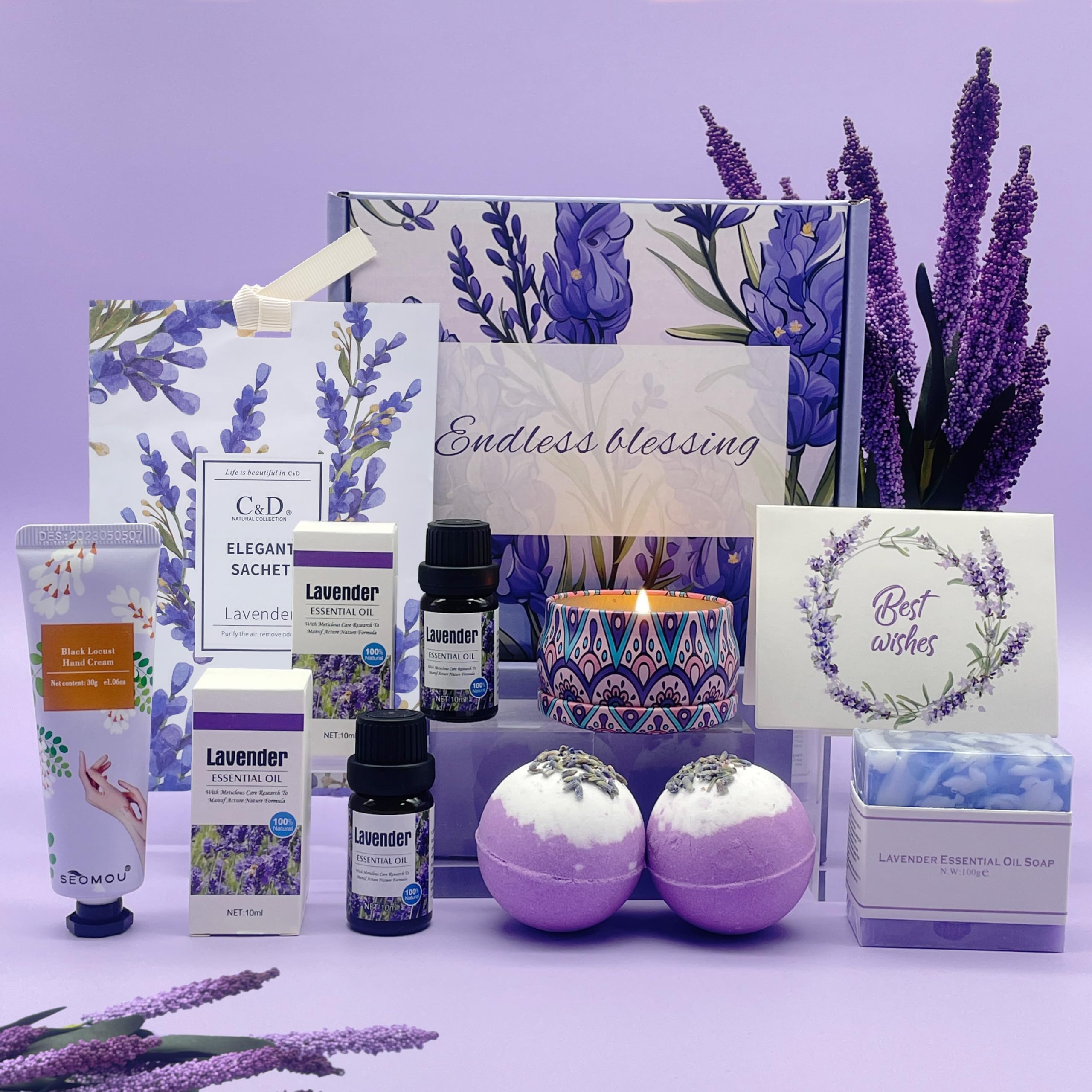 Pamper Birthday Gifts for Women,Unique Friend Gifts for Her, Lavender Self Care Get Well Soon Sleepwell Gifts Set for Mum Sister Wife, Spa Bath Set Bath Bomb Candle Present, Easter Gifts Box