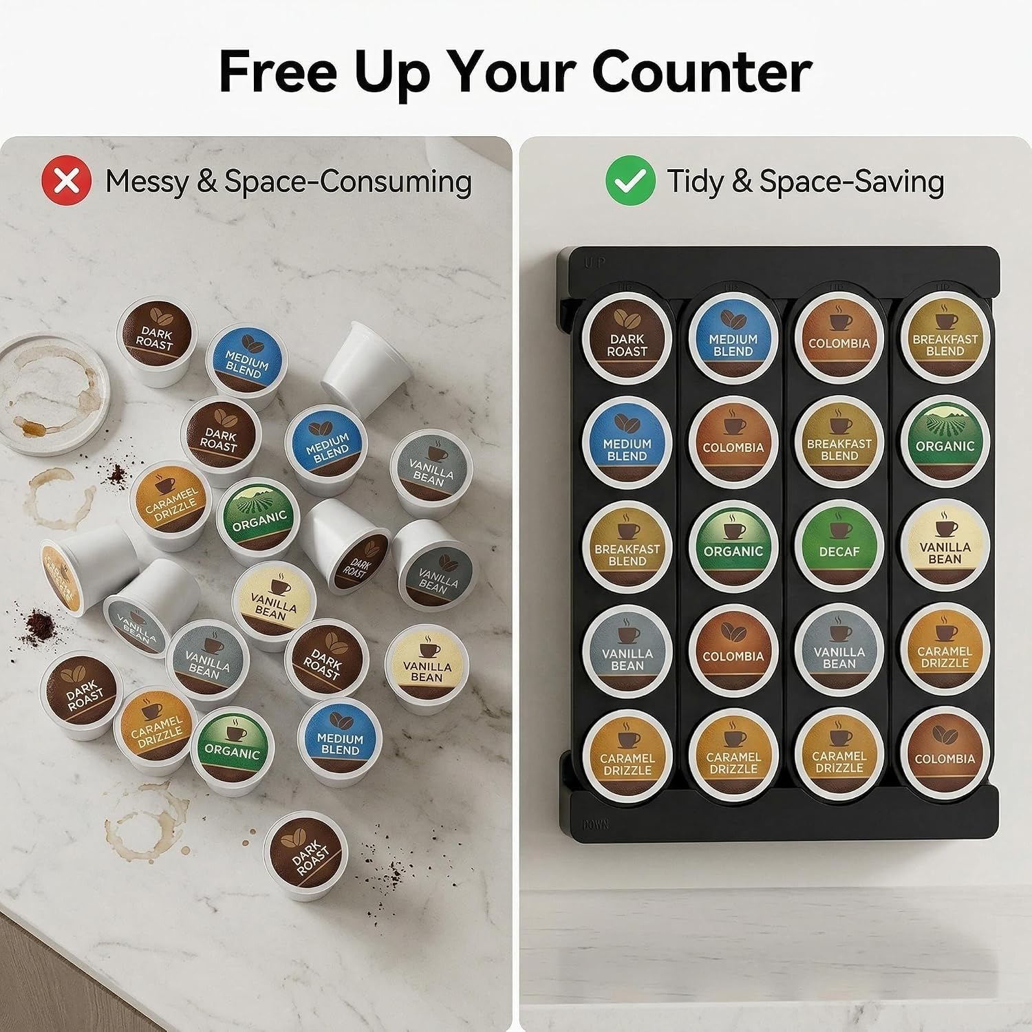 Wall Mounted Coffee Pod Holder for Keurig Pods, K Cup Holder Space Saving Wall Storage Rack for K-Cup, Coffee Pod Organizer for Small Space, Countertop Stand/Wall Mount/Drawer Insert, 20 Pods Capacity (Black)