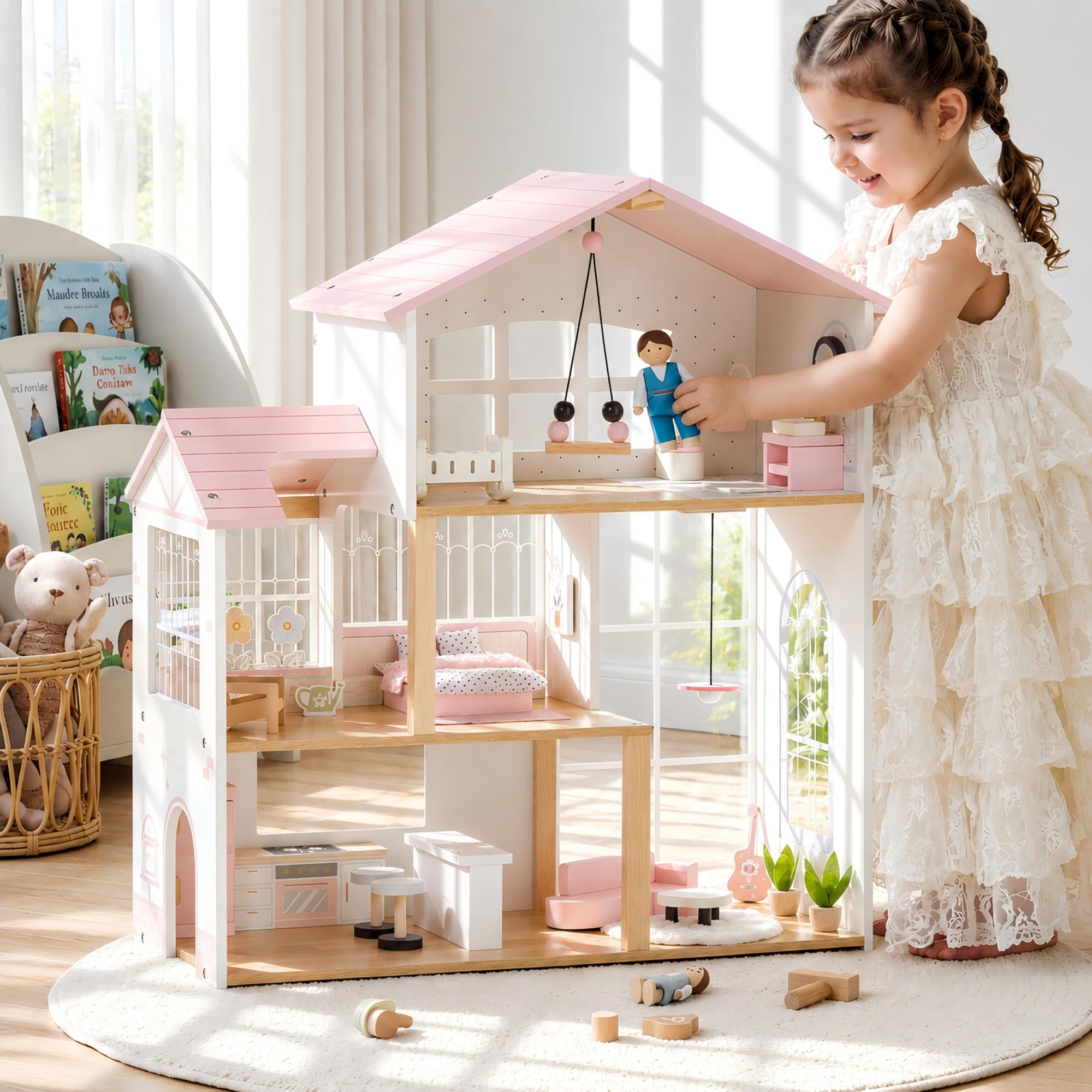 ROBUD Wooden Dolls House, 3 Storey Wooden Dollhouse with 37 PCS Toy Furniture & Dolls Accessories - Pretend Play Doll House with 5 Rooms & Greenhouse, Toys Gift for Kids 3+, 69.5 x 64.5 x 27.5 cm
