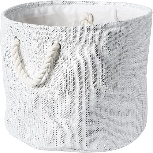 DII Papelera de almacenamiento de papel tejido, lúrex metálico, blanco, redondo medio