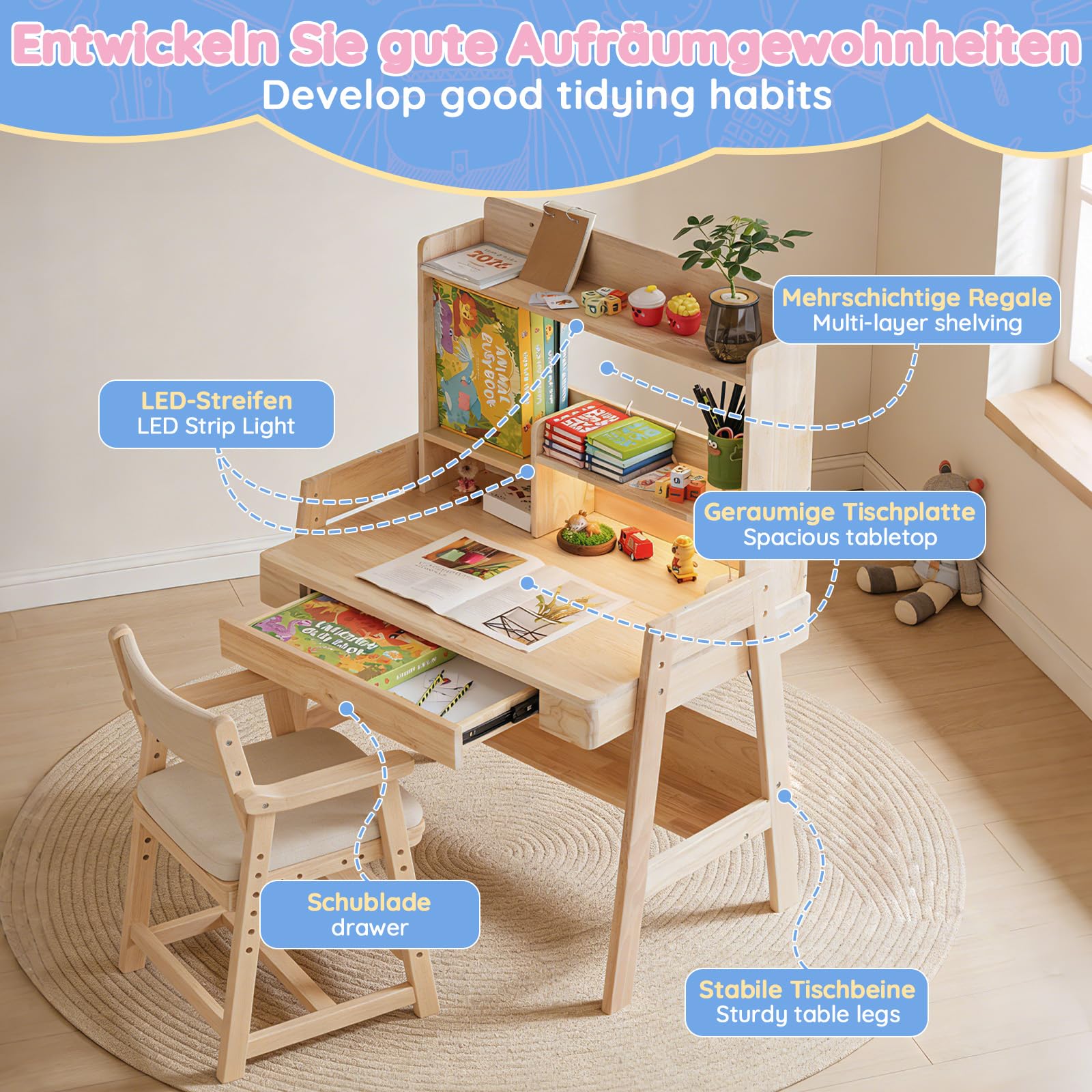 Mrwoo Kindertisch mit Stauraum, Schreibtisch Kinder mit 1 Schublade, Holzlatten Offene Regale mit LED-Lichtleiste & USB, Schülerschreibtisch für Kinder ab 6 Jahren (Natural - A)