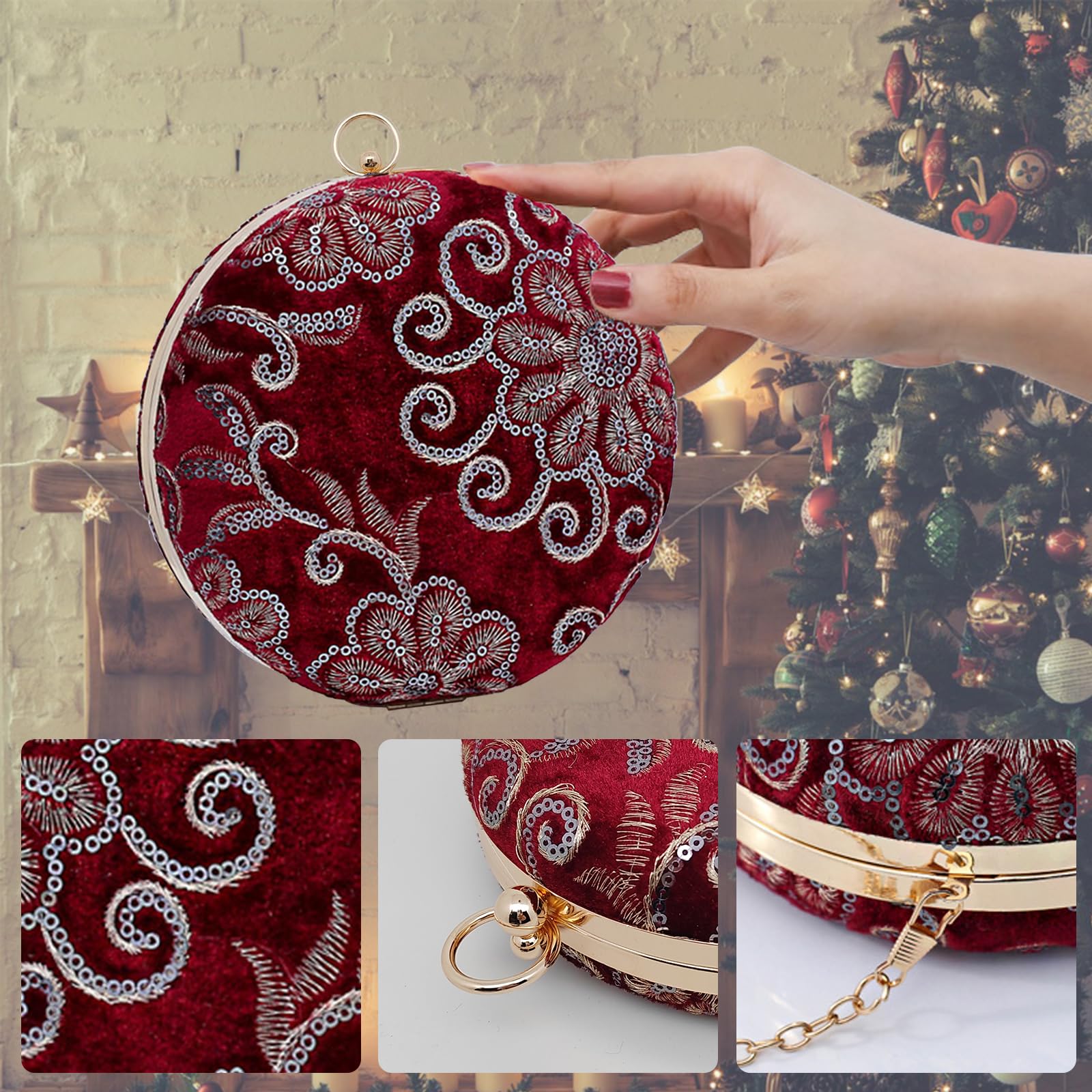 CORIOS Bolso de Fiesta para Mujer Terciopelo Clutch Redonda Cartera de Mano Bolso de Noche Bolsa de Cadena Bolsos Bandolera Elegante Bolso de Hombro para Fiesta de Graduación Banquete Boda Rojo