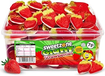 Sweetzone Giant Strawberry Gummies 800g 100pcs | Giant strawberry gummy sweets, Halal soft fruit chews, bulk tub 100pcs, party pick and mix, retro candy for all ages