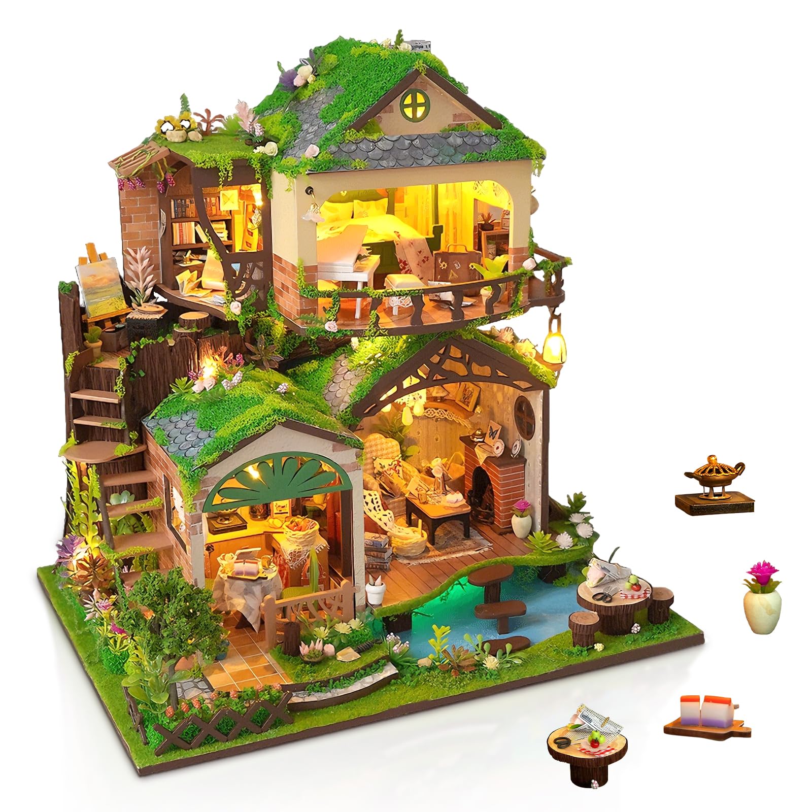 Cuteefun DIY Miniature House Kits, Mini Dollhouse with LED, Wooden Crafts for Adults Teen to Building, Birthday (Green Forest)