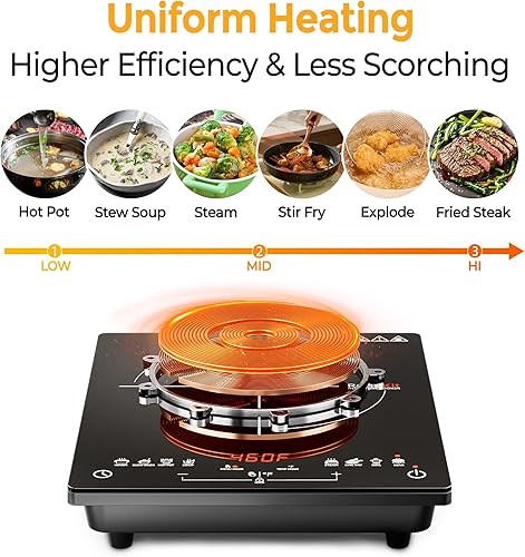 Miniatura 5 de Encimera de inducción de 1800 W, estufa eléctrica portátil de 1800 W, 8 funciones preestablecidas y ajustes de temperatura, 2 modos de cocción,