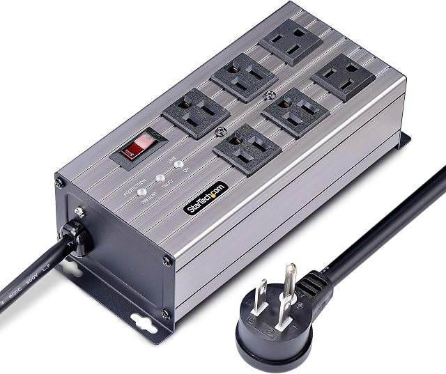 StarTech.com Flat Plug 6-Outlet Heavy Duty Industrial Power Strip 125V/15A with Surge Protector, EMI/RFI Isolation, Mountable PDU, 8ft/2.4m Extension Power Cord, NEMA 5-15P/R, TAA | 125V/15A with Surge Protector, 2.4m/8ft Extension Power Cord, Mounta