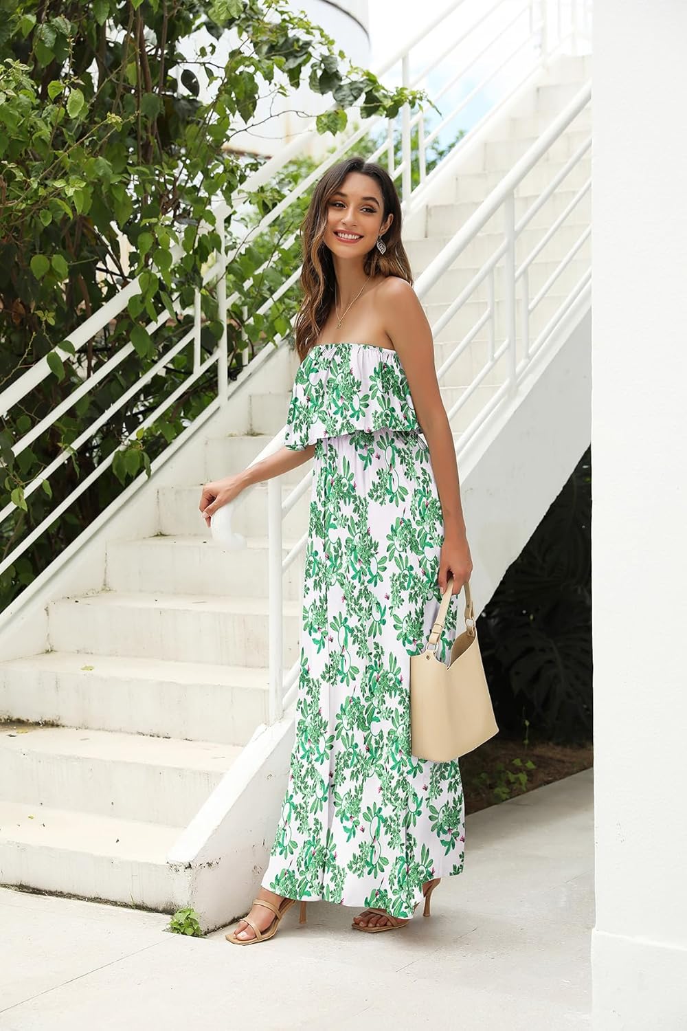 ZMPSIISA Women's Summer Off The Shoulder Maxi Dress Ruffle Strapless Blue White Porcelain Boho Casual Loose Long Dresses - Image 3