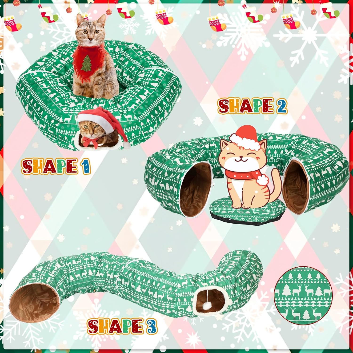 Cat Tunnel Christmas Tree Skirt Cat Bed Indoor 3 ft x 3 ft x 10 Inch Kitten Donut Tunnel with Ball Peekaboo Cave Pet Bed Round Hideaway Holiday Cave Circle Pets Gift(Green Elk)