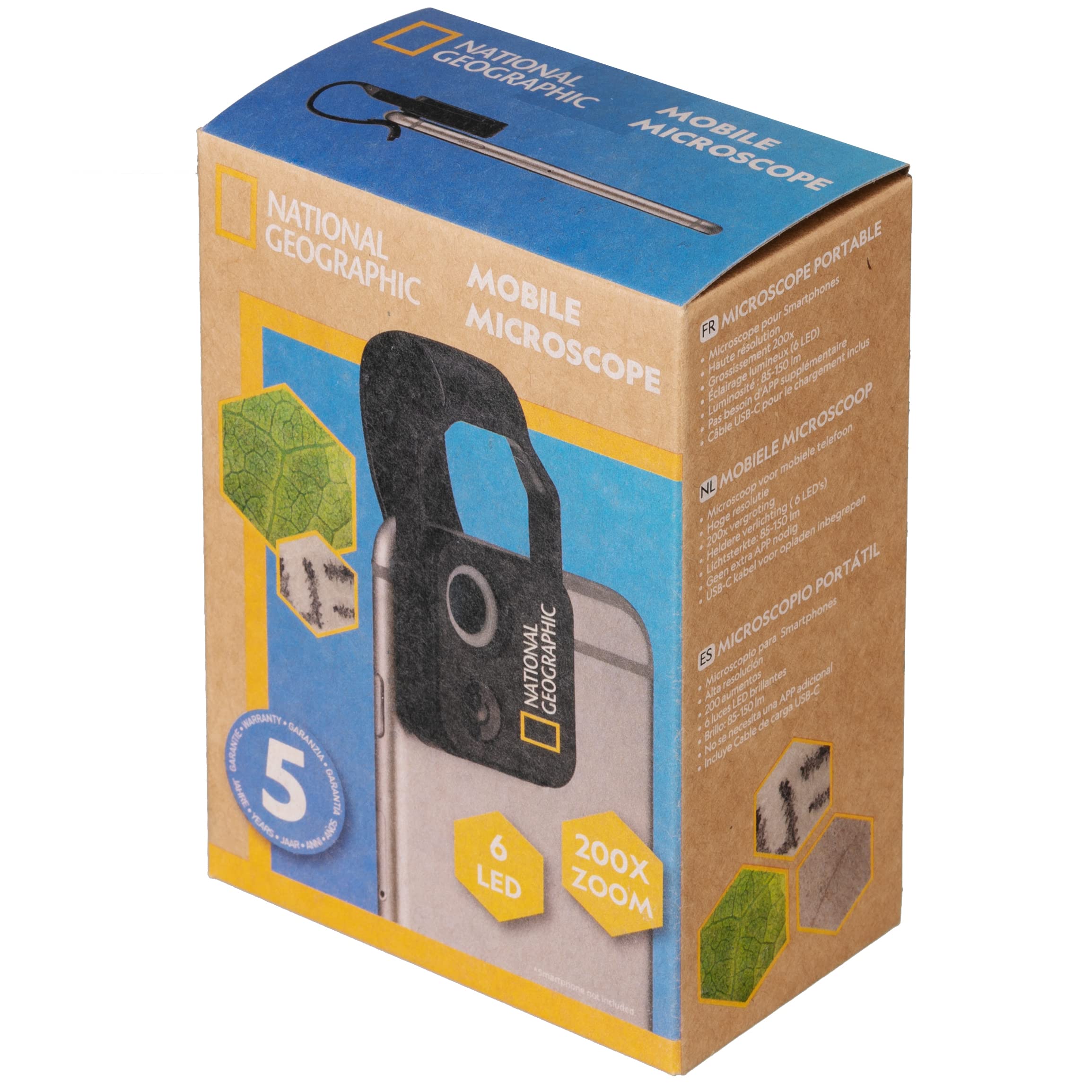 National Geographic 9118500 Microscope de téléphone Portable 200x avec CPL, 2 Modes de luminosité et Clip Universel, Compatible avec 98% des téléphones Mobiles, sans Application supplémentaire