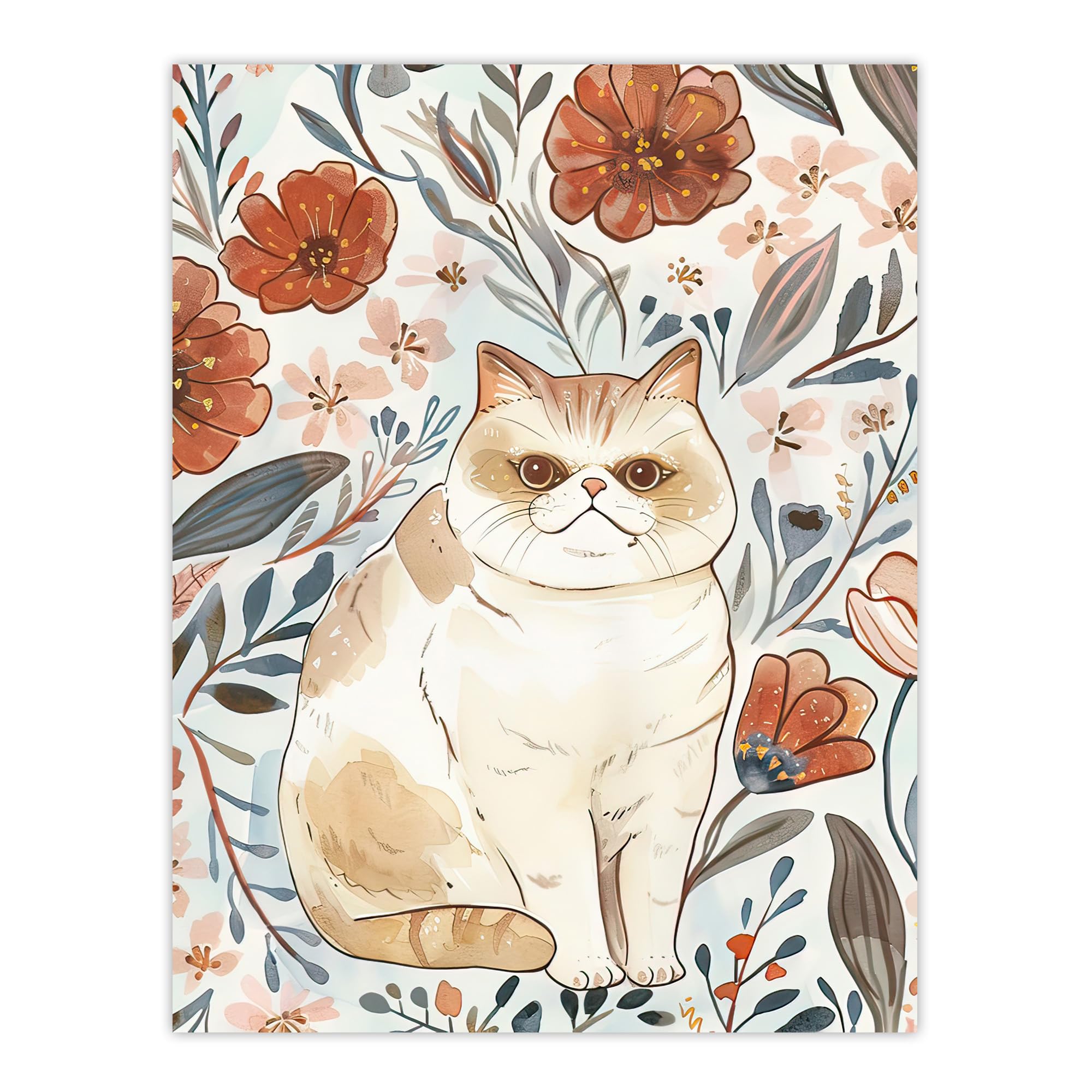 Artery8 Smiling Exotic Shorthair Cat Floral Watercolour Living Room Large Wall Art Poster Print Thick Paper 18X24 Inch