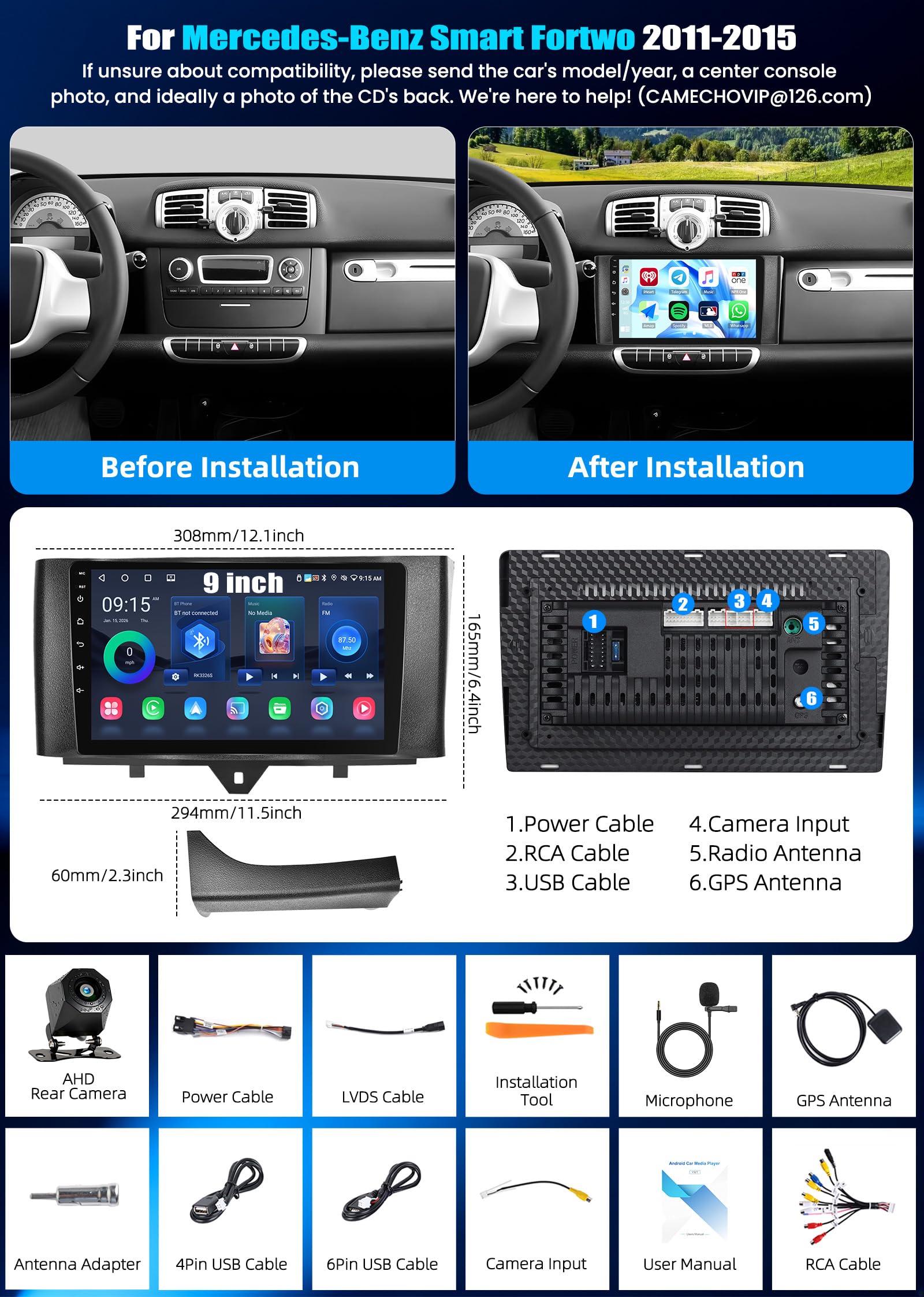 CAMECHO 2+64 GB Android 15 do samochodów Mercedes-Benz Smart Fortwo W451 (2011–2015) z CarPlay GPS nawigacją 9-calowym ekranem dotykowym Bluetooth WiFi FM/RDS EQ i kamerą