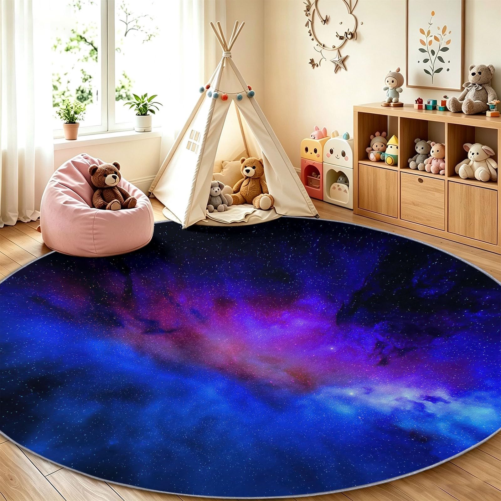 Okrągły dywan Dreamy Romantic 60 cm, kosmiczna mgławica, galaktyka, gwieździsta, antypoślizgowy, miękki, można prać w pralce, dywan podłogowy, do sypialni, salonu, pod krzesło, dla chłopców i