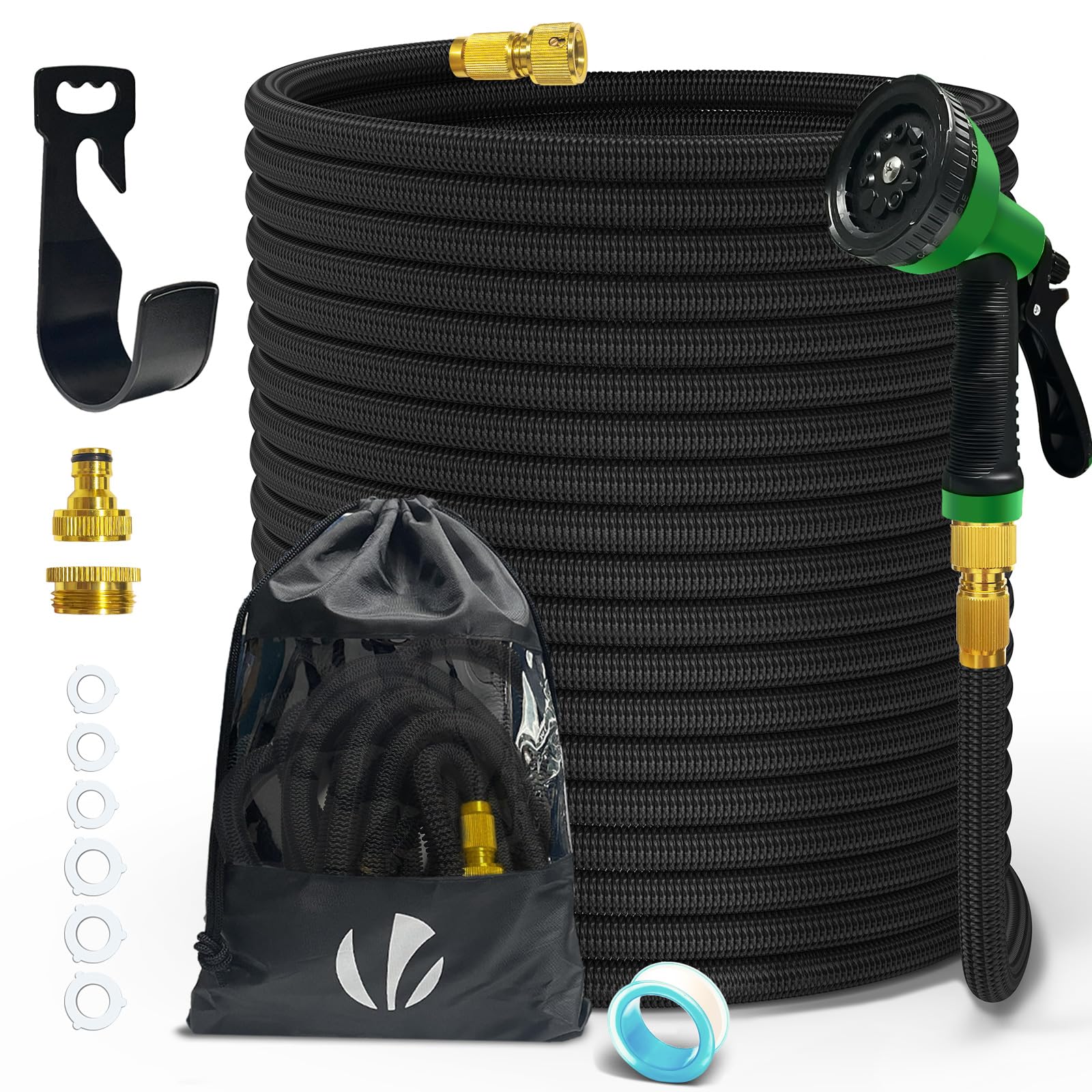 VOUNOT Flexibler Gartenschlauch 45 m, Flexibel Wasserschlauch Dehnbarer mit 10 Sprühfunktionen, 1/2 Zoll und 3/4 Zoll Messinganschlüssen, Aufbewahrungstasche inklusive, Schwarz