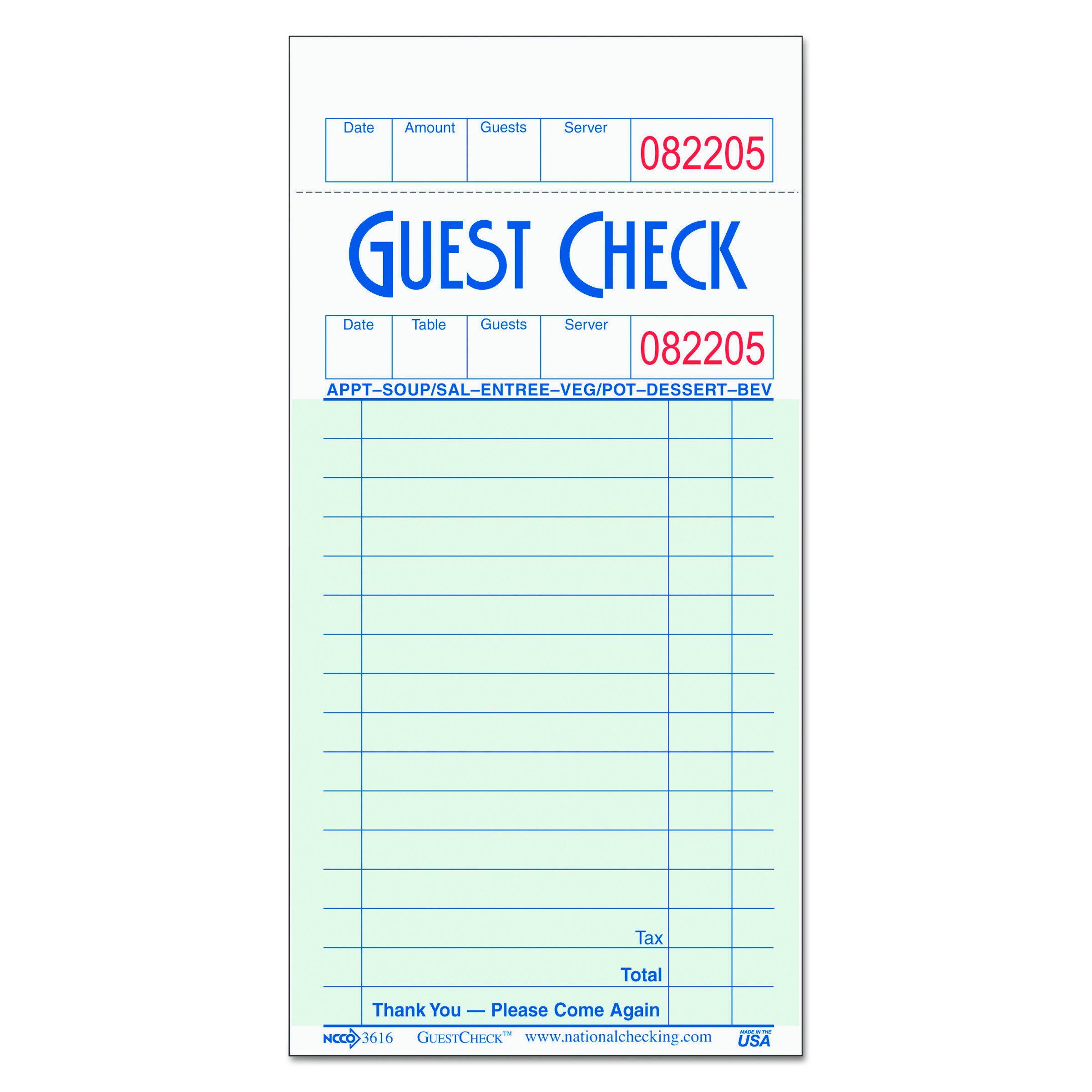 National Checking Company G3616 GuestChecks Pad w/Record Receipt Stub, 3 1/2 x 6 3/4, 100 Per Pad (Case of 50 Pads)