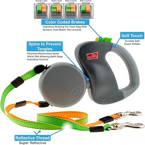 Miniatura 2 de Correa doble retráctil para perros Wigzi, para 2 perros de hasta 50 lb cada uno Gris