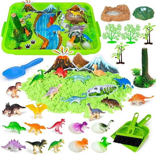 Hymaz Juego de caja de arena, juego de parque de dinosaurios, juguetes sensoriales para niños de 3 años en adelante, caja de arena con tapa, moldes