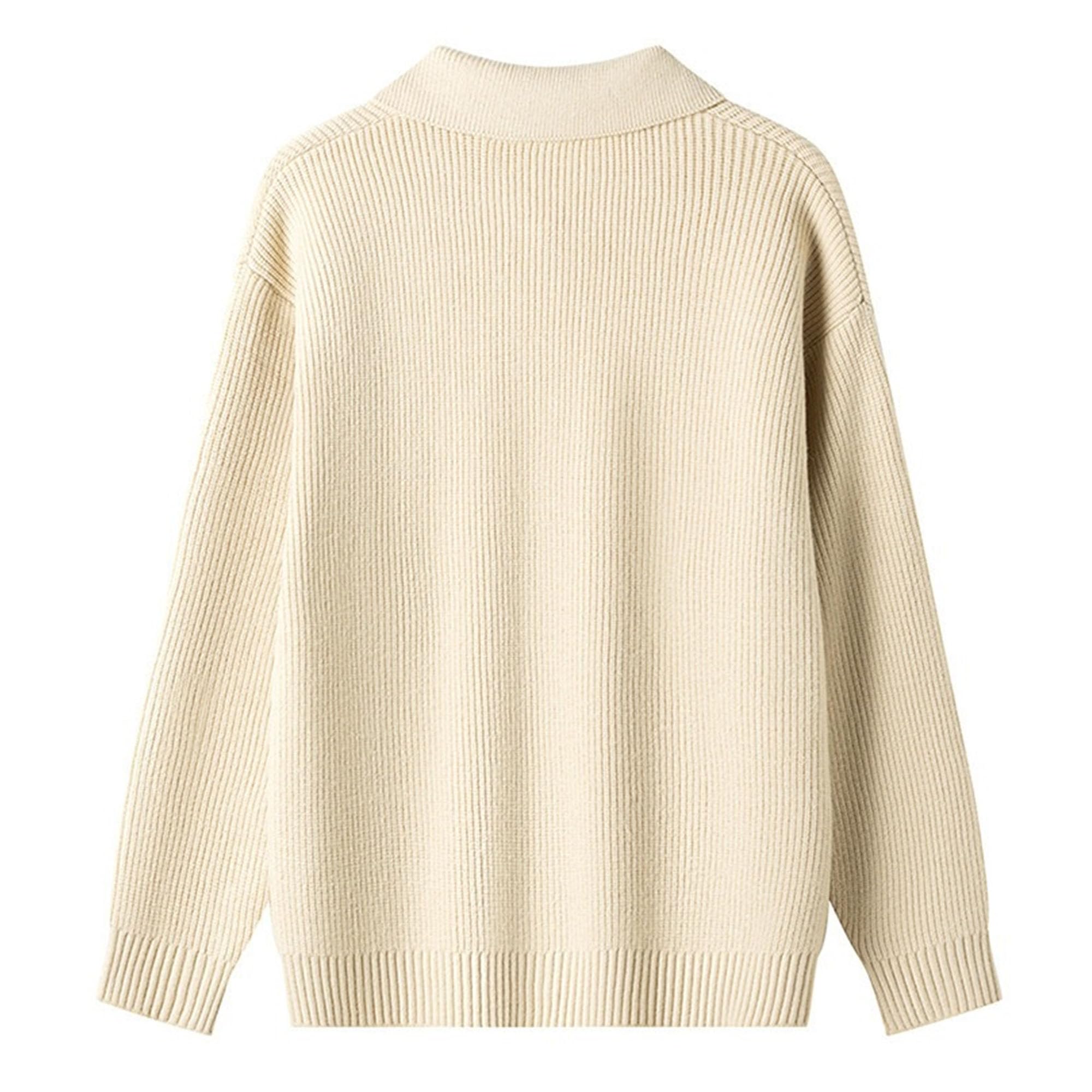 Męski sweter z dzianiny z kołnierzykiem polo z długim rękawem | Klapa, luźny krój, jednolity kolor, jednorzędowy, elastyczny, ciepły, prążkowany spód, strój do biura biznesowego