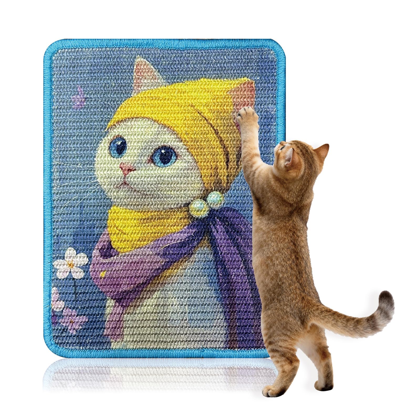 3-in-1 Sisal Cat Scratcher Mat 15x12 Inch – Art Cat Wall Scratcher with Adhesive Tape for Indoor Cats, Durable Wall Mounted Cat Scratch Pad to Protect Couch and Carpet (Cat with a Pearl Earring)