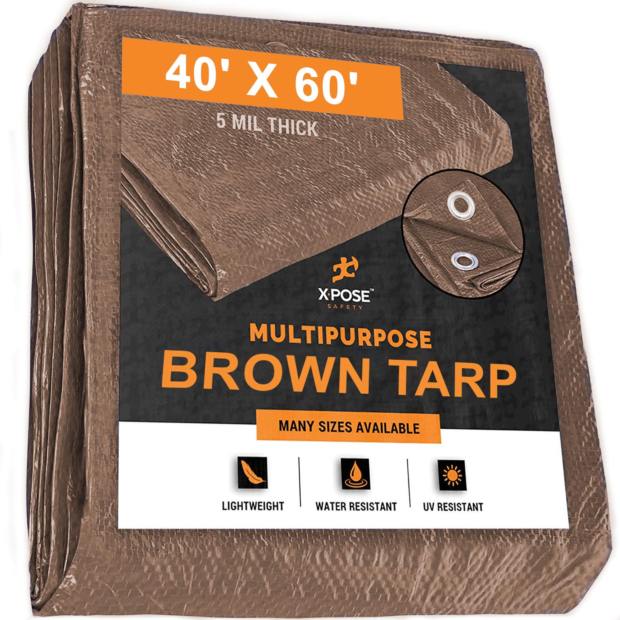 Multipurpose Protective Cover Brown Poly Tarp 40' x 60' - Durable, Water Resistant, Weather Resistant - 5 Mil Thick Polyethylene - by Xpose Safety