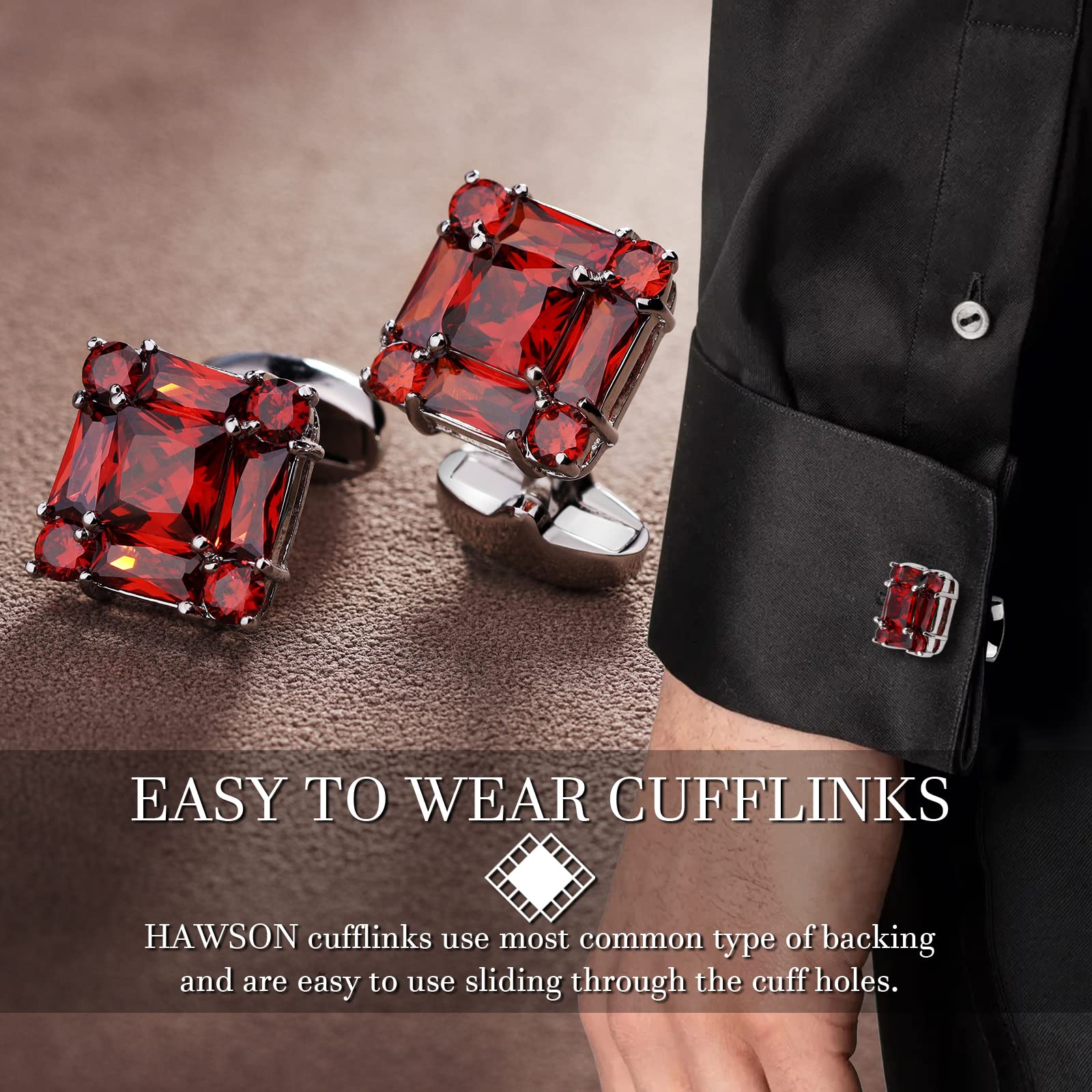 HAWSON Gemelos brillantes para camisa de hombre para traje, en caja de regalo, a juego con corbata sólida en rojo, blanco, negro y azul fácilmente, diseñados, Metal, no conocido