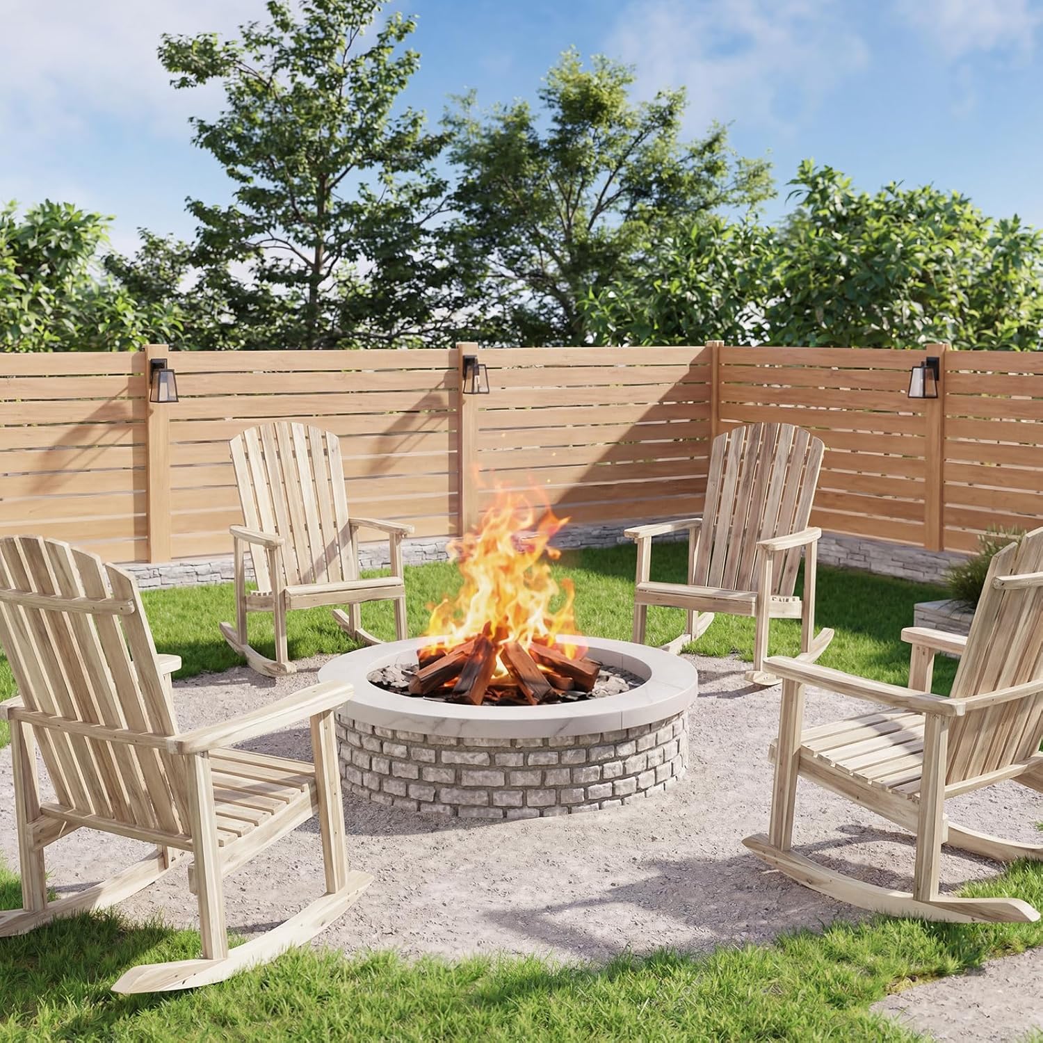 Tangkula Adirondack Rocking Chair, Acacia Wood Patio Rocker with Slatted Seat & High Fanned Back, DIY Colors. Rustic Outdoor Log Rocking Seat Furniture for Backyard, Porch, Garden (Natural, 2 Pack)