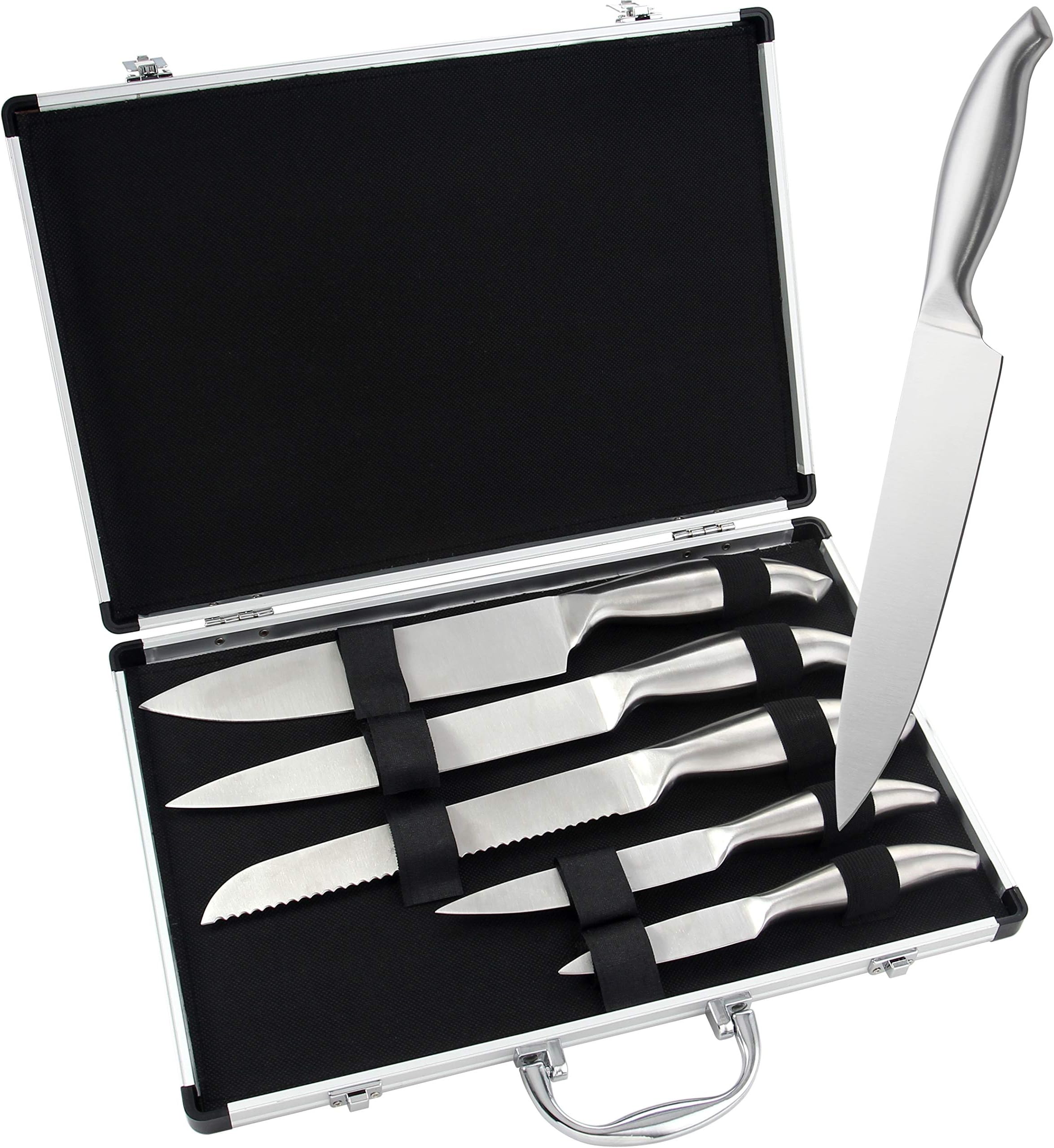ROMANTICIST 6pc Professional Kitchen Chef Knife Set with Aluminium Case - Heavy Duty Stainless Steel Grill Cooking Knife Set for Camping - Ideal Home Gift Set for Chef Cooks