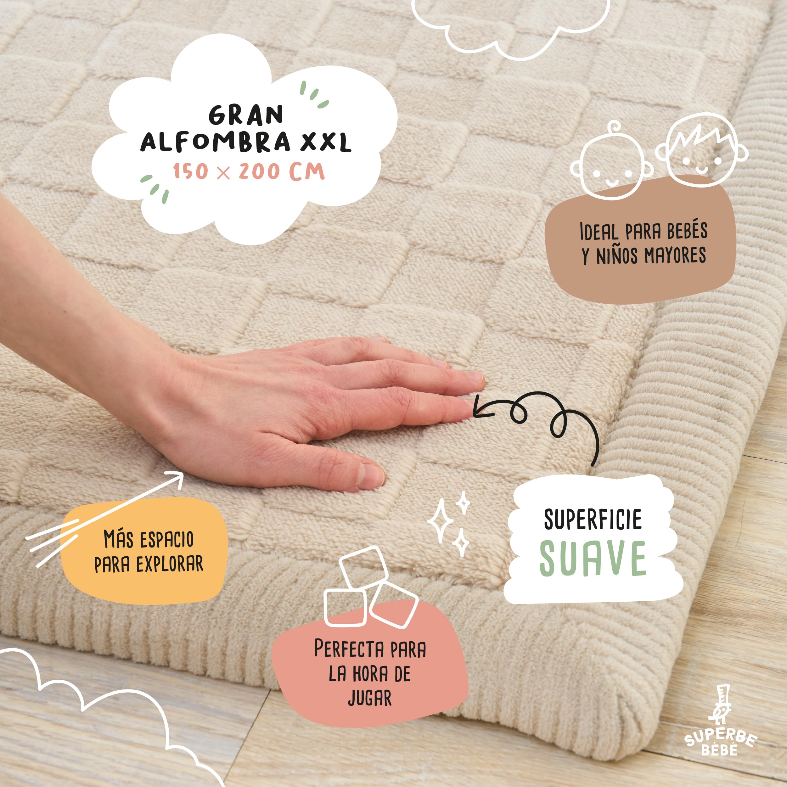 SUPERBE BEBE – Alfombra de Juego y Gateo para Bebé 150 × 200 × 2,5 cm – Gruesa y Antigolpes – Espuma Memory No Tóxica con Certificación Oeko-Tex – Alfombra para Habitación de Niños – Diseño Elegante