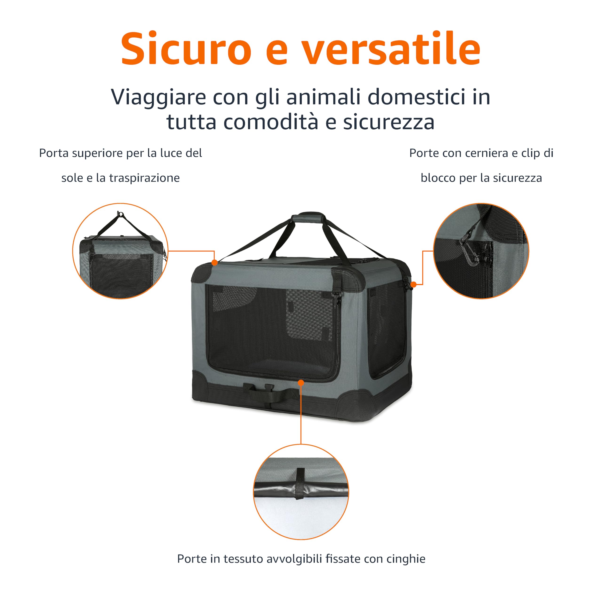 Amazon Basics Trasportino portatile e pieghevole a 4 porte, Gatti, cani, conigli e altri piccoli animali, da viaggio, con lati morbidi, Grigio, L 91 cm x 61 cm x 61 cm