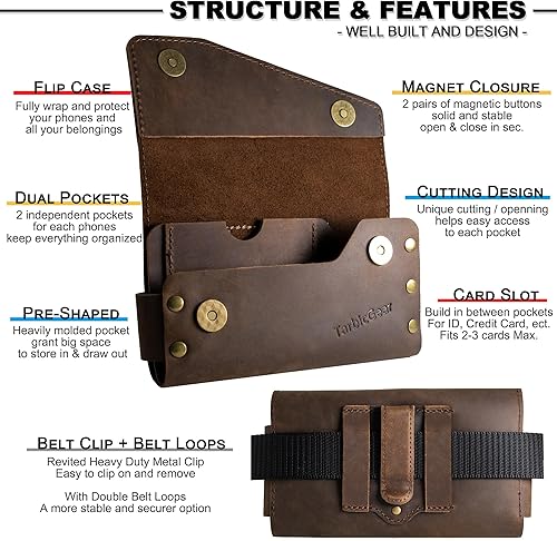 Miniatura 4 de Funda de cuero doble para teléfono para dos teléfonos, funda de teléfono doble para hombre, cinturón con clip para cinturón para iPhone 16 Pro Max,