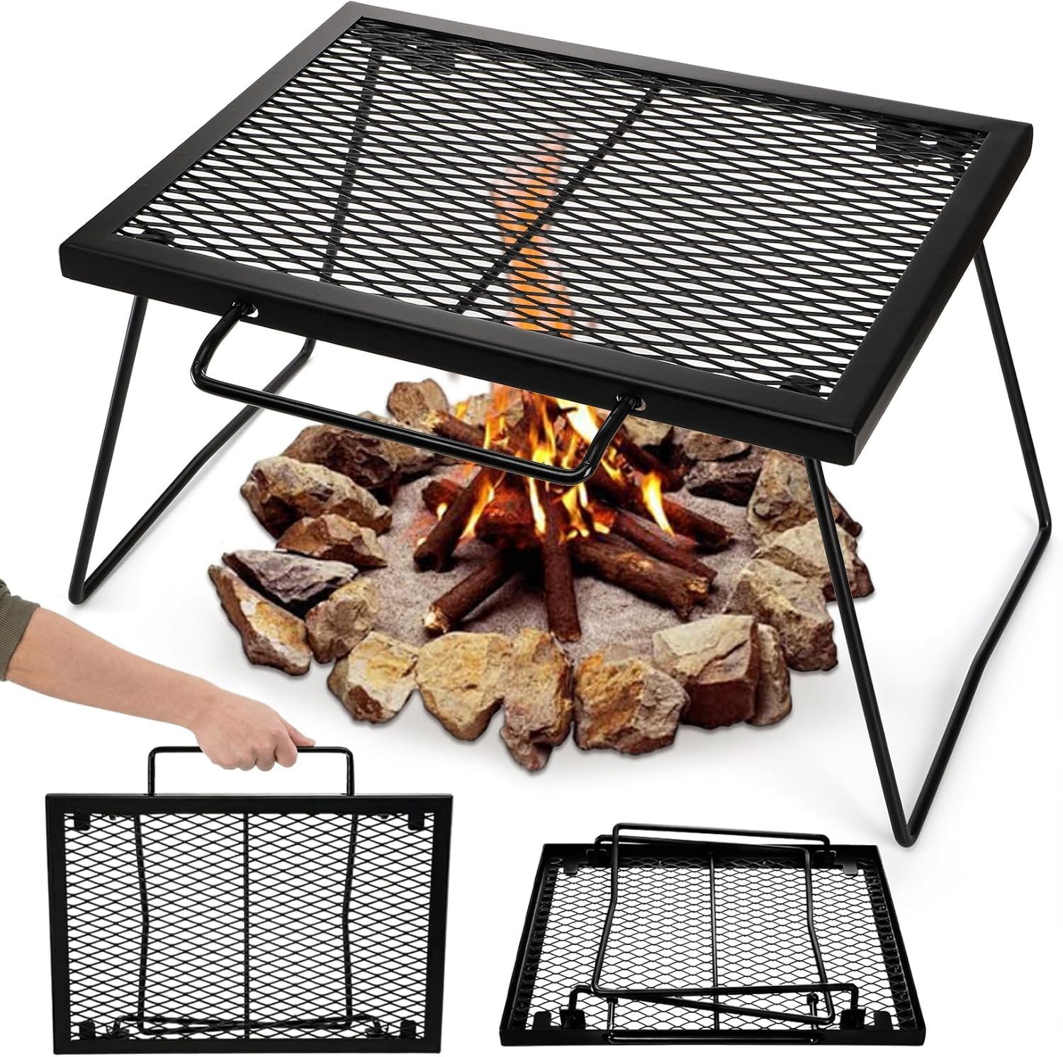 Elsjoy Folding Campfire Grill Grate with Legs & Handle, 43x31cm Portable Heavy Duty Steel Mesh - Camping BBQ Grate for Outdoor Cooking, Picnic, Backpacking