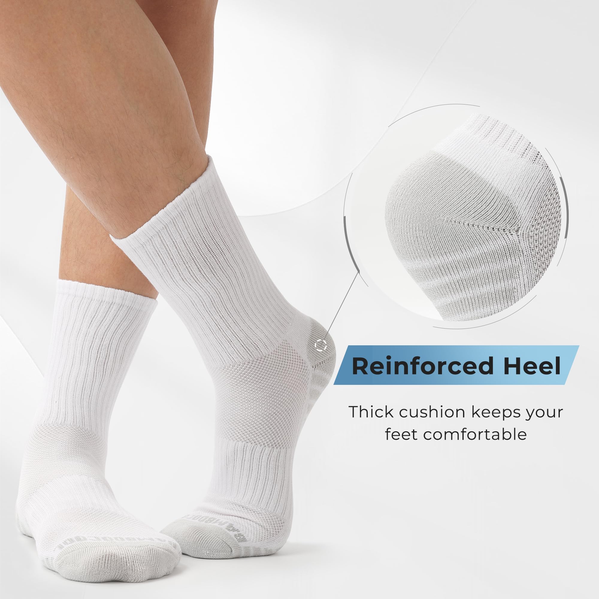 BAMBOO COOL Men's Crew Socks Athletic Running Sports Socks, Cushioned Moisture Wicking, Breathable Arch Support 6 Pack: White*6 Large