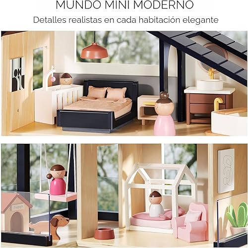 Miniatura 3 de Tiny Land Casa de muñecas, casa de muñecas familiar moderna con diseño realista, casa de muñecas de madera con muebles de 53 piezas, regalo ideal