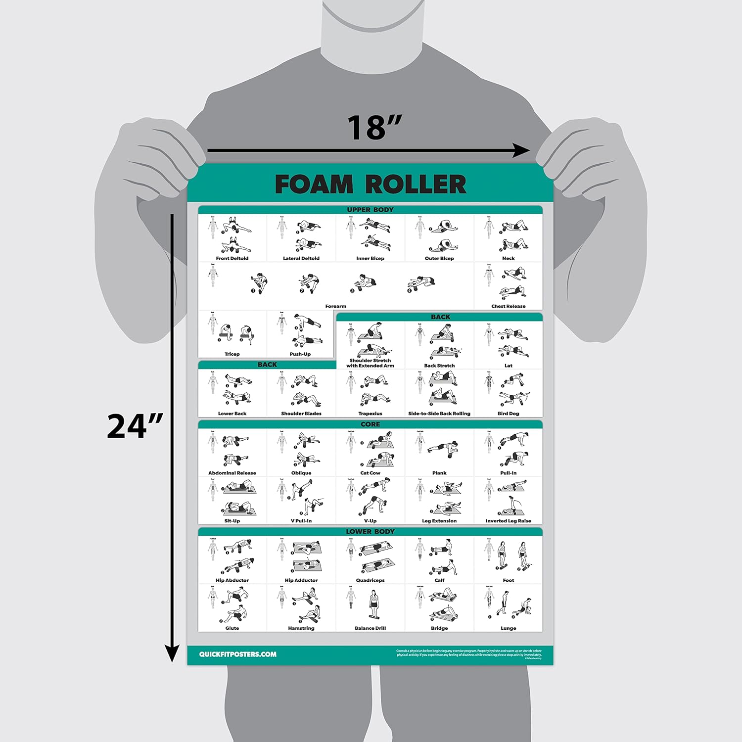 QuickFit 10 Pack - Exercise Workout Poster Set - Foam Roller, Dumbbell, Suspension, Kettlebell, Resistance Bands, Stretching, Bodyweight, Barbell, Yoga Poses, Exercise Ball (LAMINATED, 18" x 24")