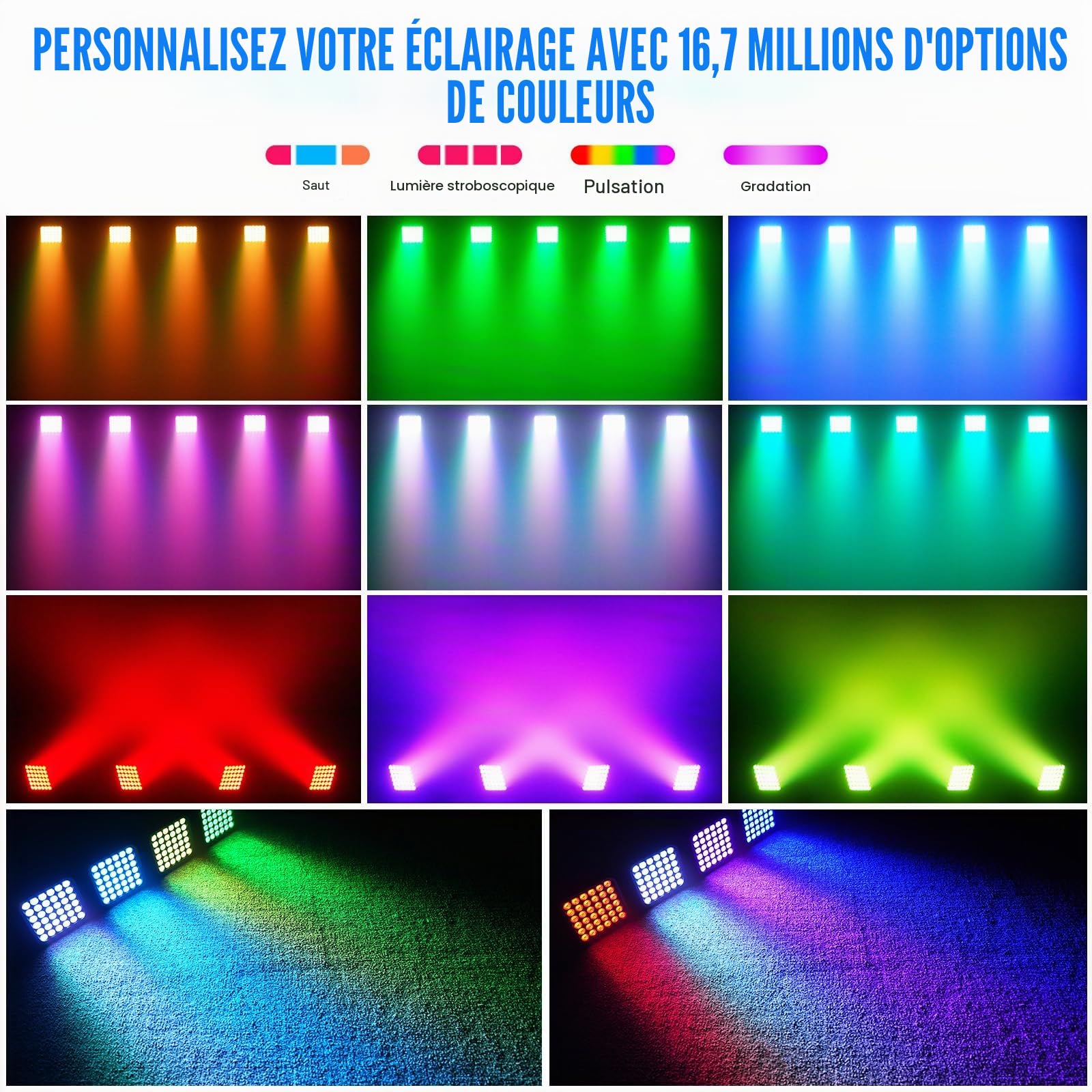 54W Par LED Batterie Rechargeable, RGBWA UV Jeu de Lumiere Scene Sans fil 5200mAh Batería avec Télécommande, Eclairage Scene 4-6h pour Exterieur Mariage Bar Spectacle Disco Noël