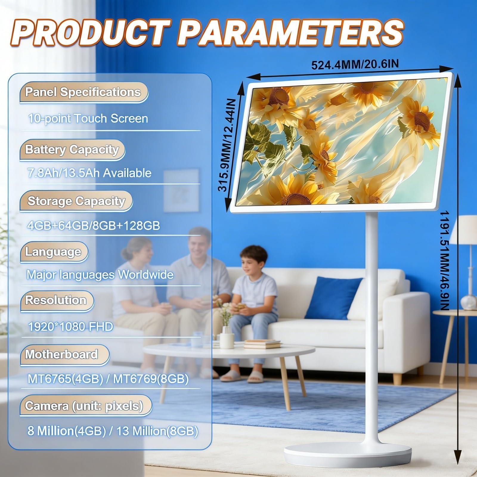 23.8" TV intelligente mobile wireless, Android 15 monitor touch portatile su ruote, display 1080P, 6GB RAM 128GB, fotocamera 13MP, batteria 8h, HDMI Type-C per smart home, ufficio