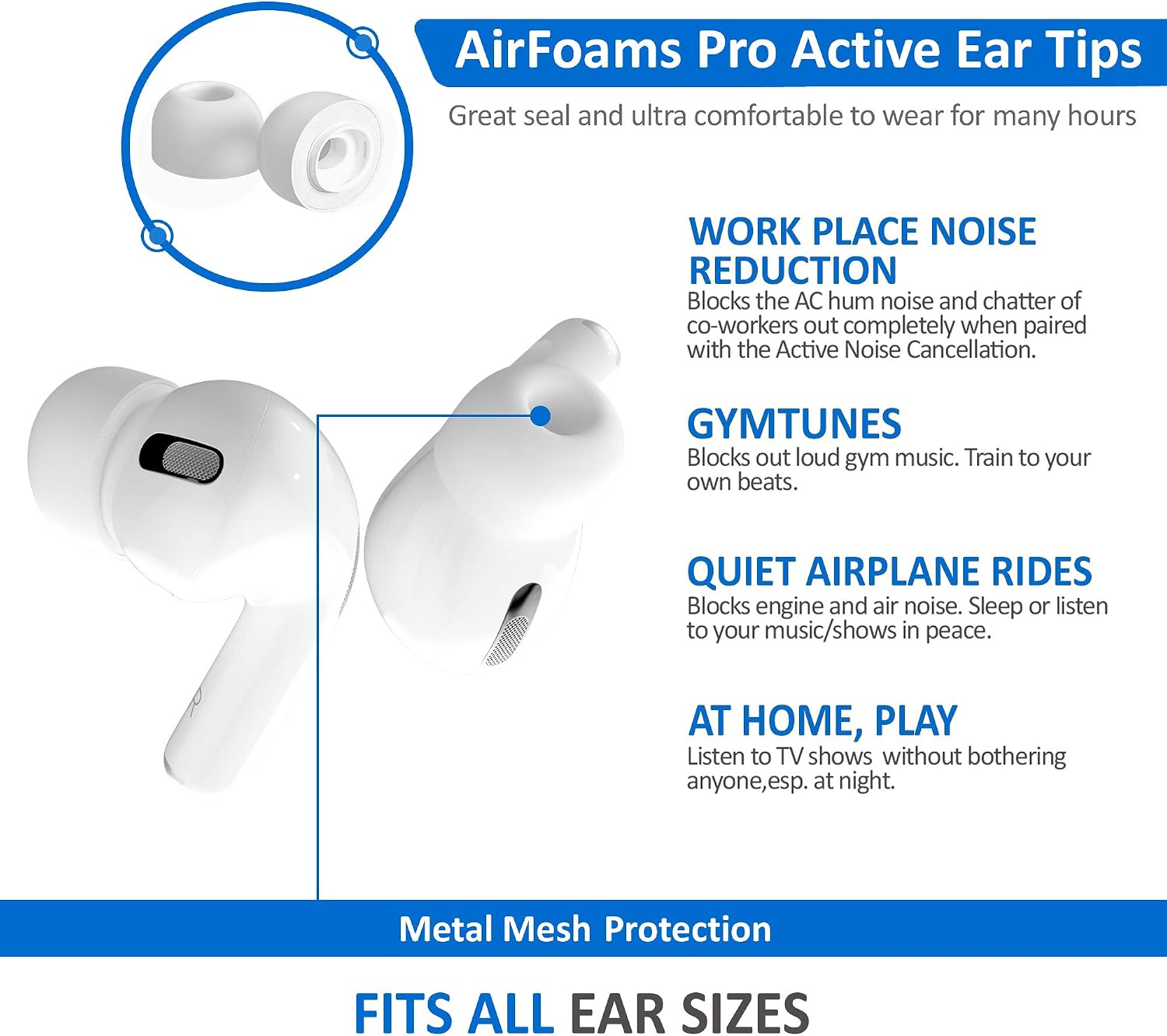 AirFoams Pro Active V2.0 Memory Foam Lifetime Replacement Ear Tips for AirPods Pro 1 & 2 – Flexible Silicone Shield, Anti Slip, Better Sound, All Day Comfort, Secure, Noise Cancelling (3 Pairs-S/M/L)