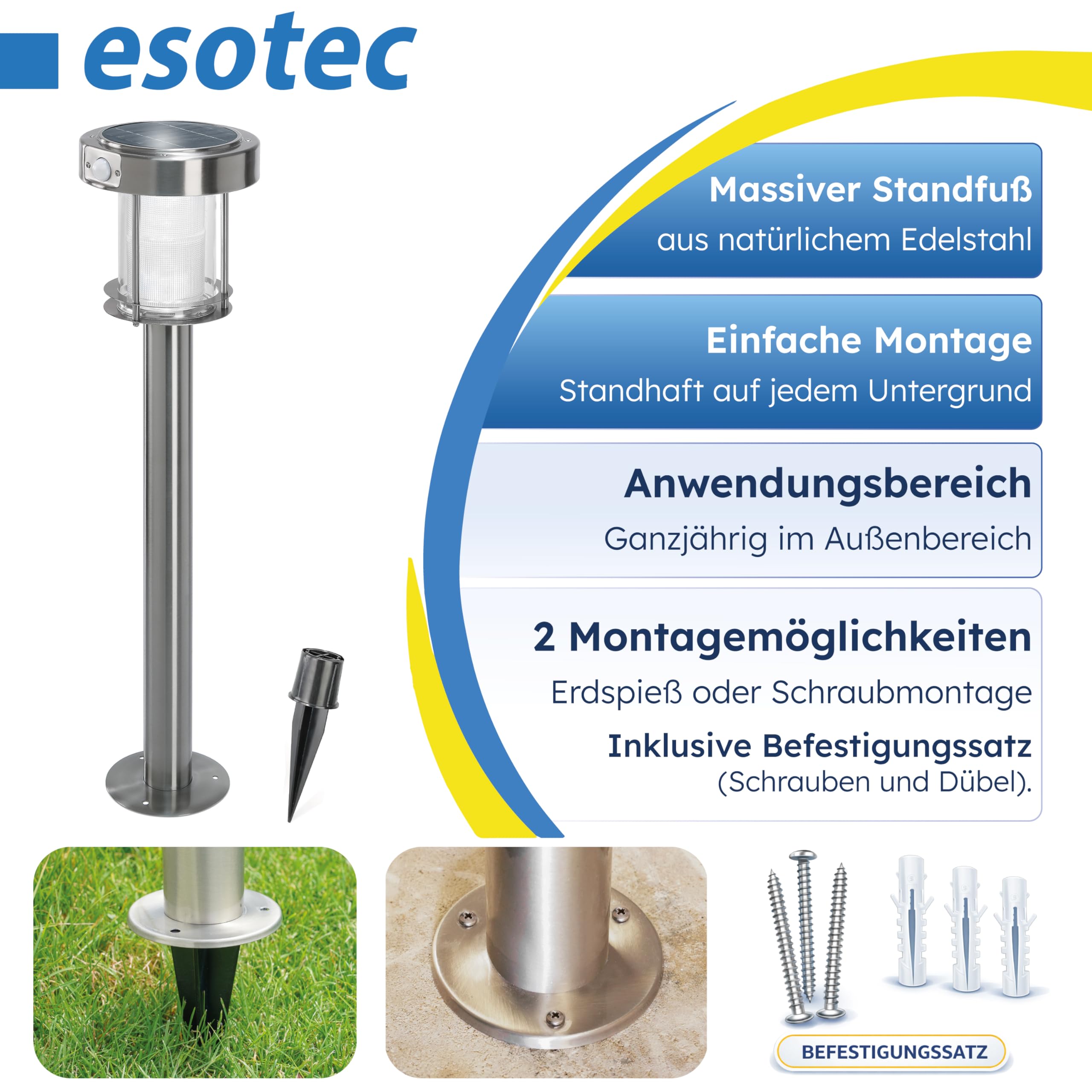 esotec Solar Wegeleuchte mit Bewegungsmelder Ancona, Gartenlampe Standleuchte für außen, DuoColor warmweiß kaltweiß, Edelstahl, H=71cm, IP44, 102534