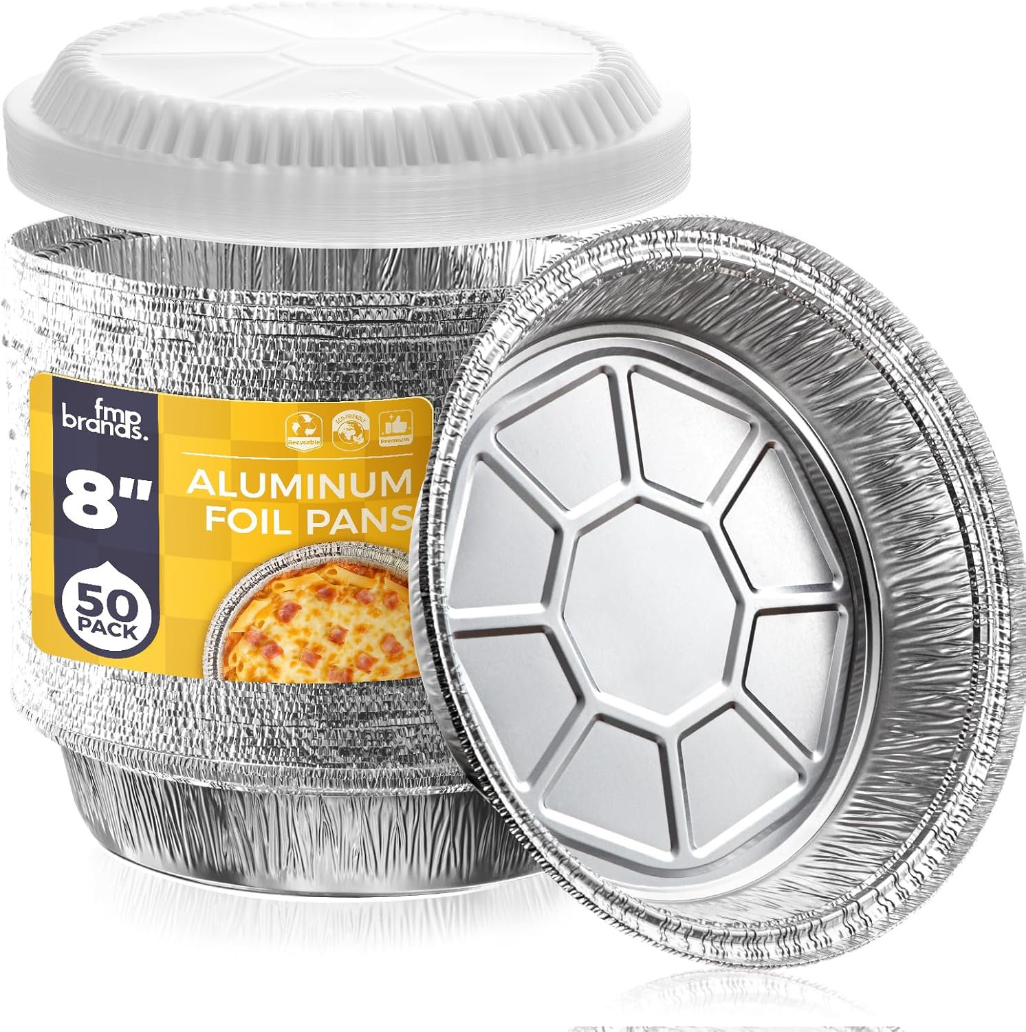 Fit Meal Prep 50 Pack 8" Round Aluminum Foil Pans with Clear Dome Lids, Pie Tins Disposable 8 inch with Lids, Take Out Containers, Freezer Oven Safe Aluminum Baking Pans for Storing, Cooking, Storage