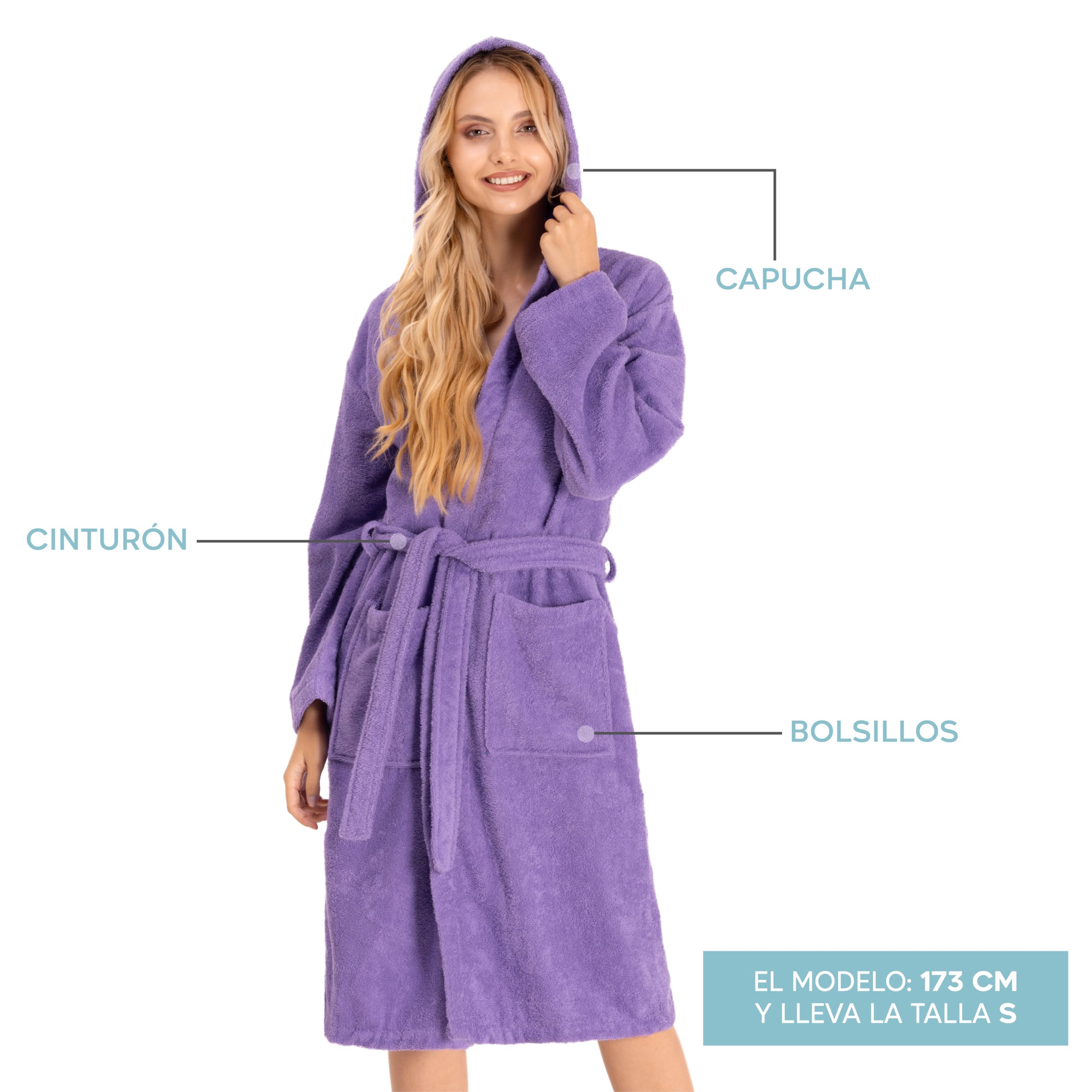 Twinzen Bata Mujer - 100% Algodón, Certificado Oeko Tex - Albornoz de Algodón con Capucha, 2 Bolsillos, Cinturón - Bata de Baño Suave, Absorbente y Cómoda