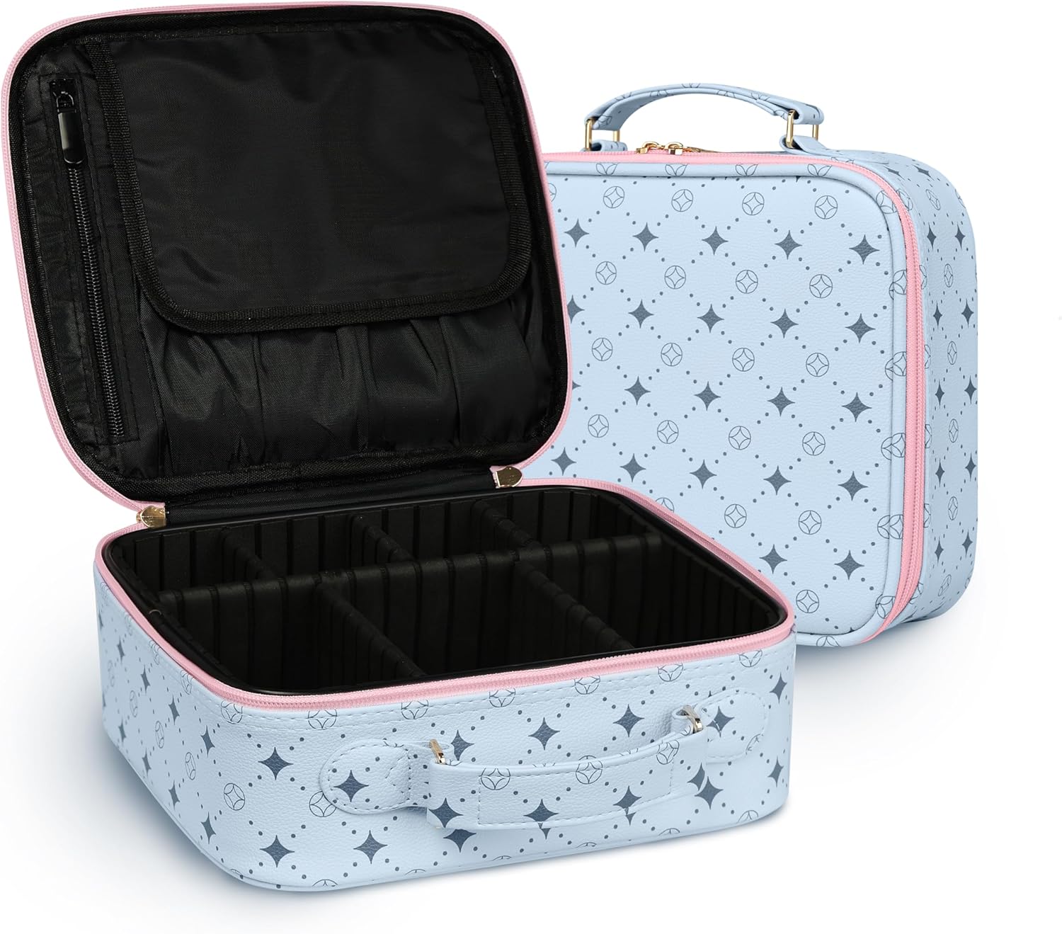 Travel Makeup Bag,Waterproof Cosmetic Organizer, Adjustable Dividers,Portability Cosmetic Train Case,Makeup organizer,Gift for Women,Girls Gift (Blue+Pink) Travel Makeup Bag,Waterproof Cosmetic Organizer, Adjustable Dividers,Portability Cosmetic Train Case,Makeup organizer,Gift for Women,Girls Gift (Blue+Pink)