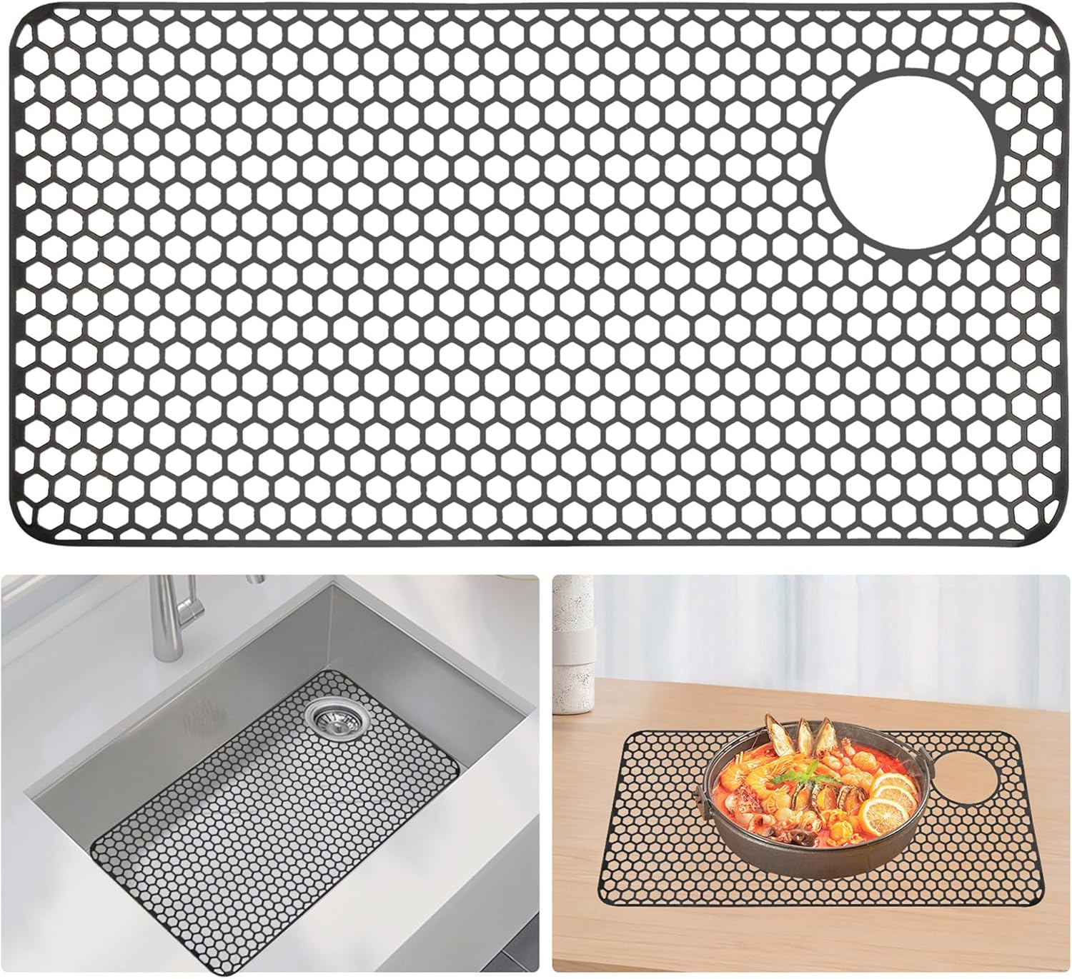 Silicone Sink Mat, 28.62"x 14.76" Heat-resistant Sink Protectors, Drying Mats for Kitchen of Bottom Farmhouse Porcelain Stainless Steel, Kitchen Accessory, Right & Left Drain（Grey）