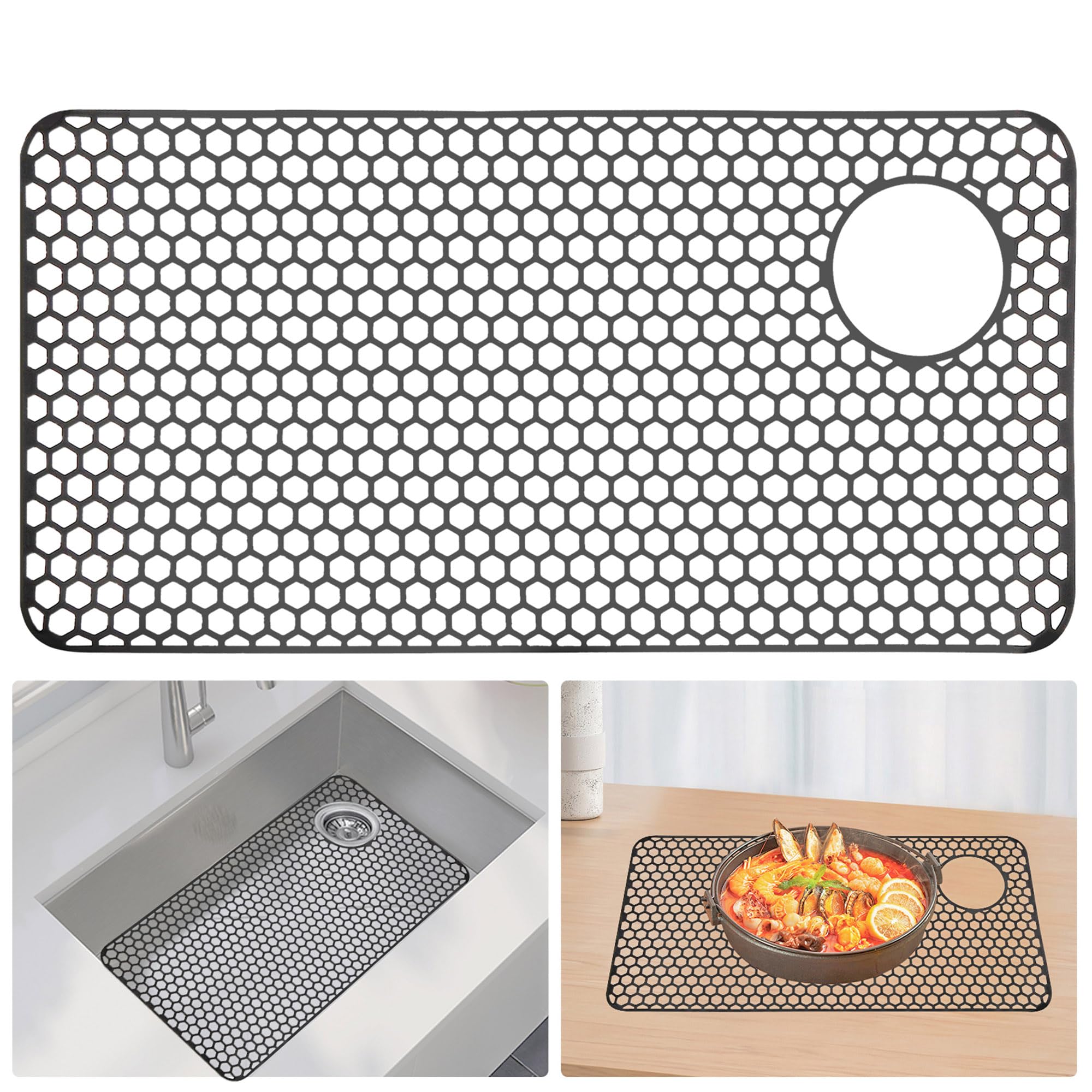 Tappetino in silicone per lavello, 72 x 37,4 cm, resistente al calore, tappetino scolapiatti per cucina, fondo in porcellana e acciaio inossidabile, accessorio da cucina, scarico destro e