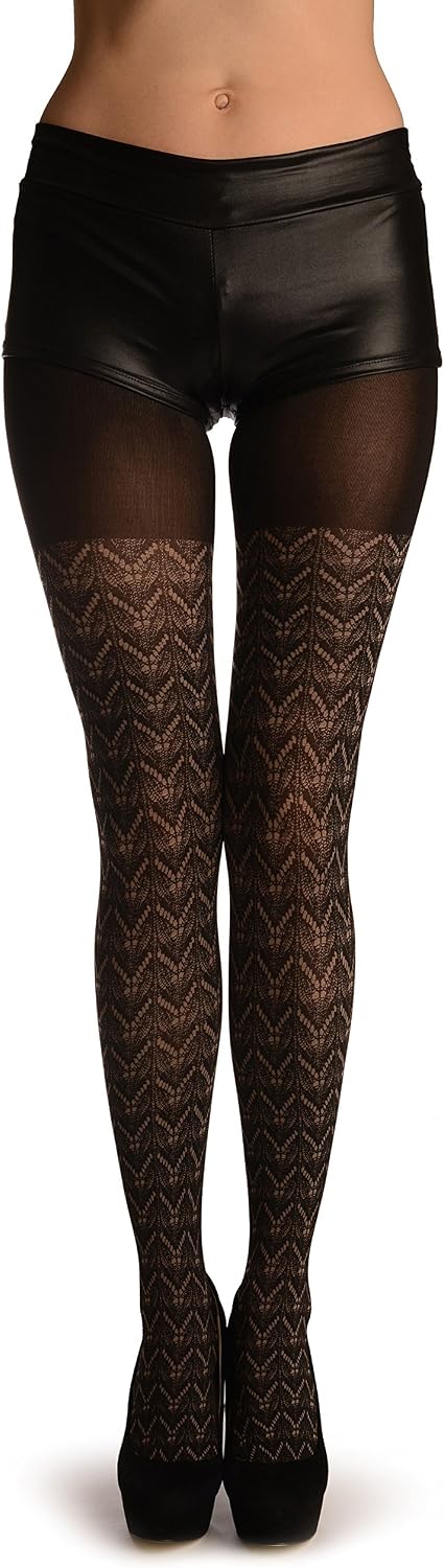 LissKiss Black With Beige Woven Lace Print - Black Pantyhose (Tights)