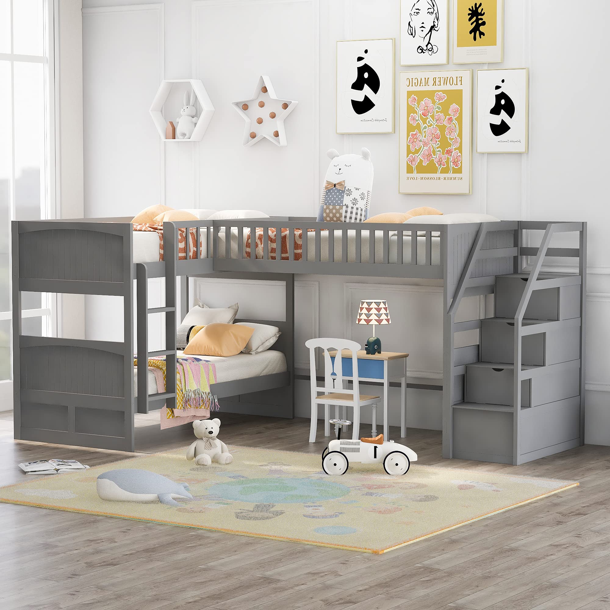 Buy P PURLOVE Triple Bed Twin Over Twin &Twin Bed LShaped Bunk Bed