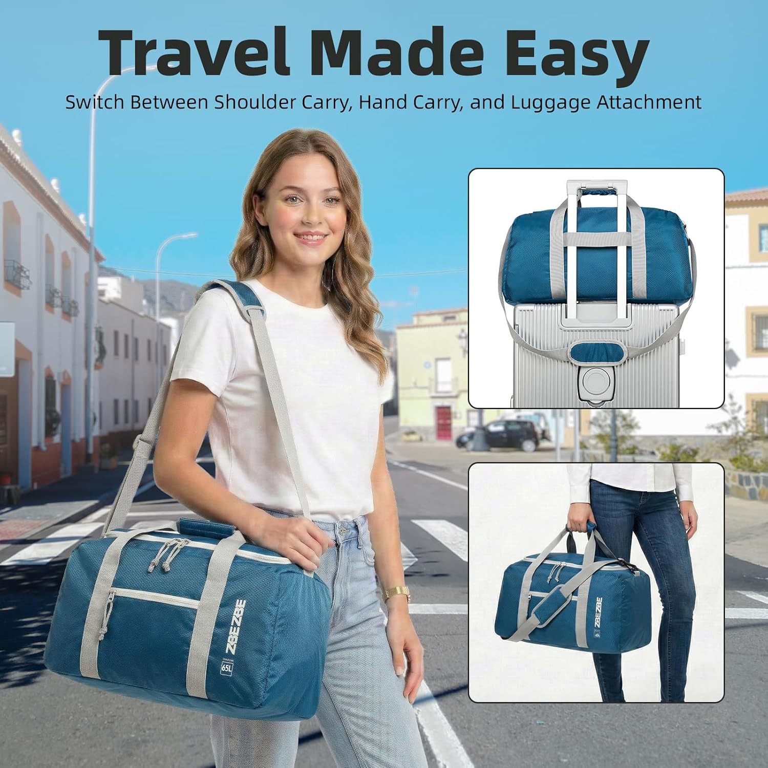 65L Foldable Travel Duffel Bag, Large Weekender Bag with Wet Pocket, Water-Repellent Carry on Bag for Overhead Bin, Heavy Duty Sports Gear Bag for Men Women, Move-in Bag-Navy Blue