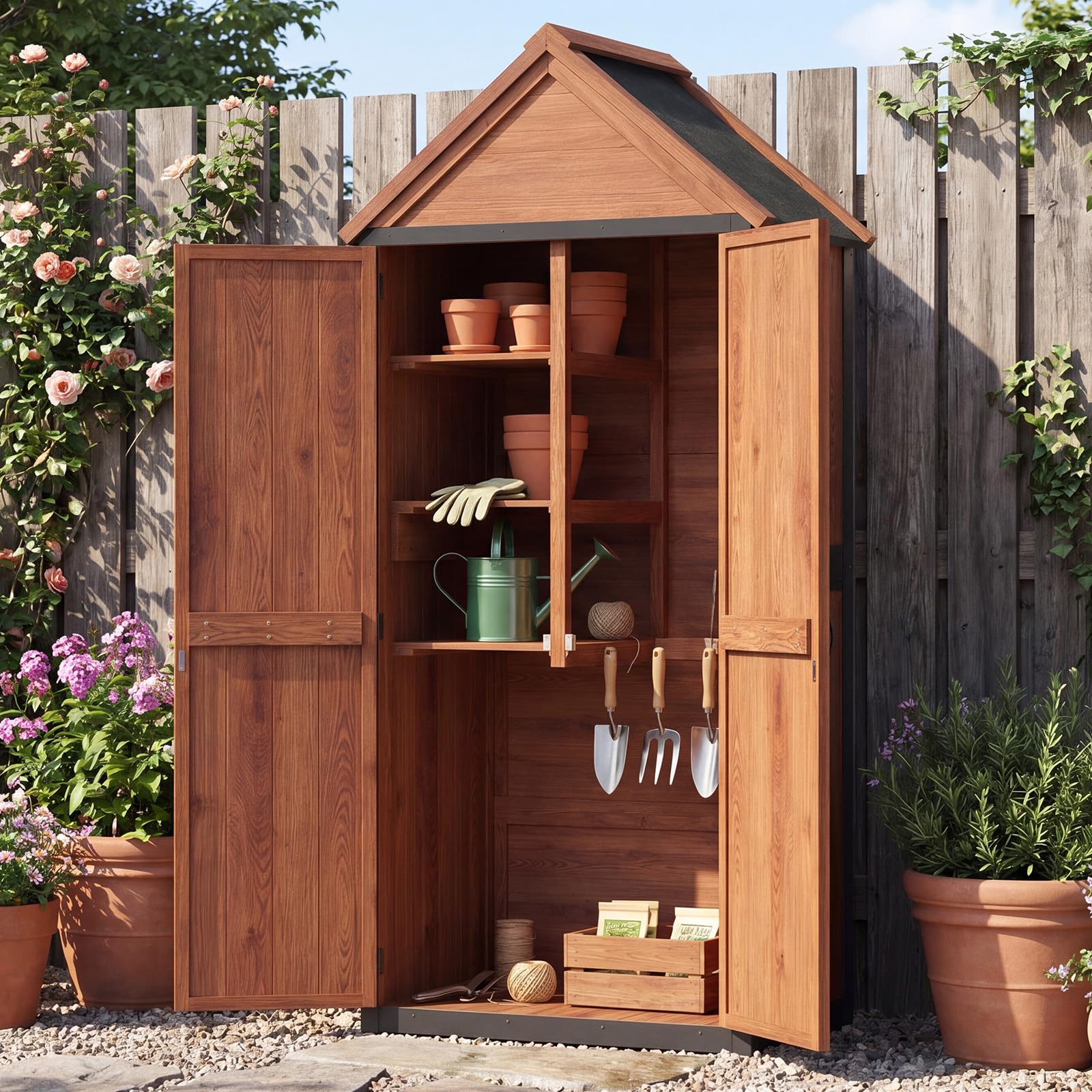 Aoxun Garden Shed Made Of Weatherproof Wood With 3 Shelves And Asphalt Roof, Compact Weatherproof Outdoor Garden Cabinet With Magnetic Lock, Sturdy Wooden Storage Unit For Garden, Balcony And Terrace