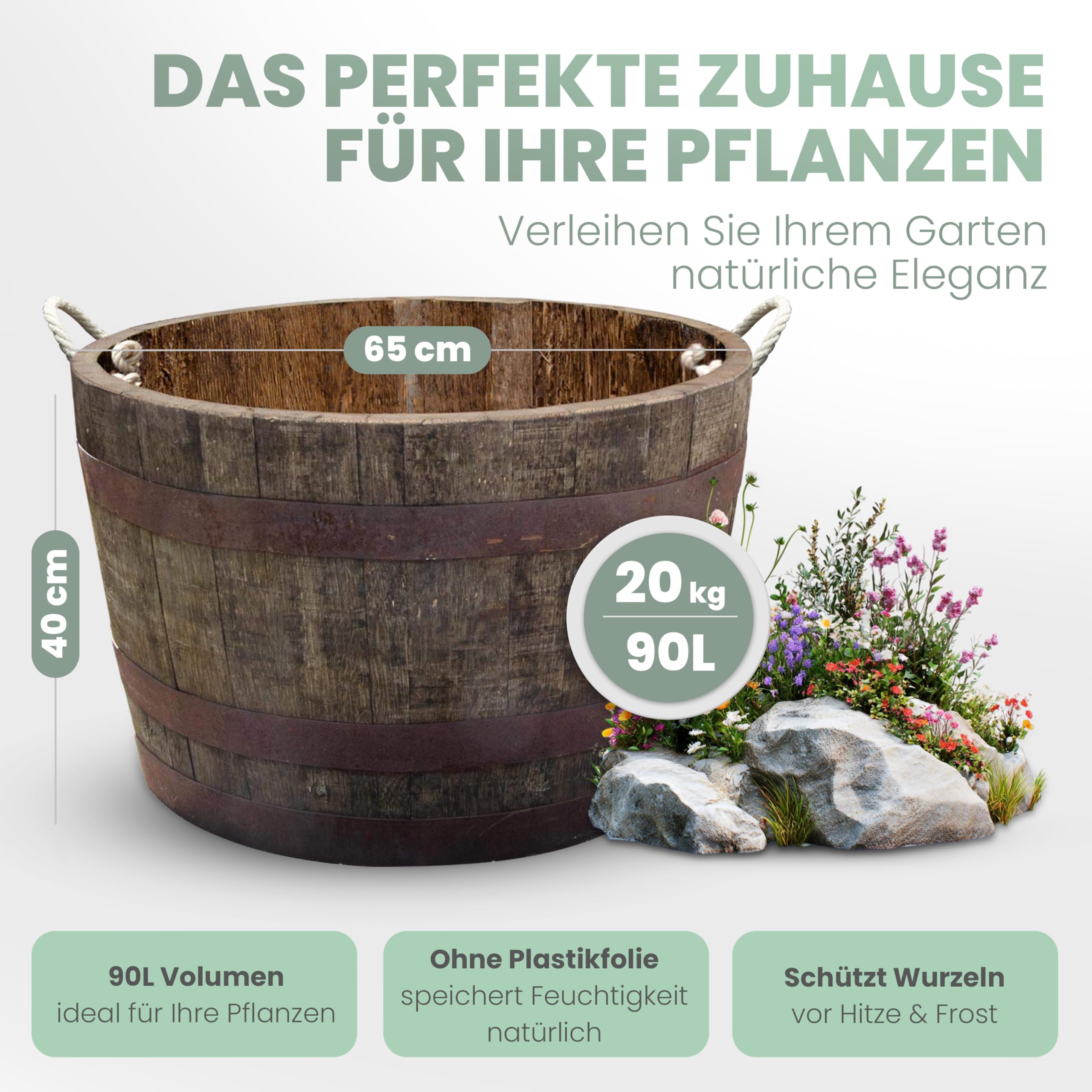 Temesso Halbes Fass aus einem originalen schottischen Whiskyfass (Natur - mit Schlaufen + Rollen + Ablaufbohrungen)