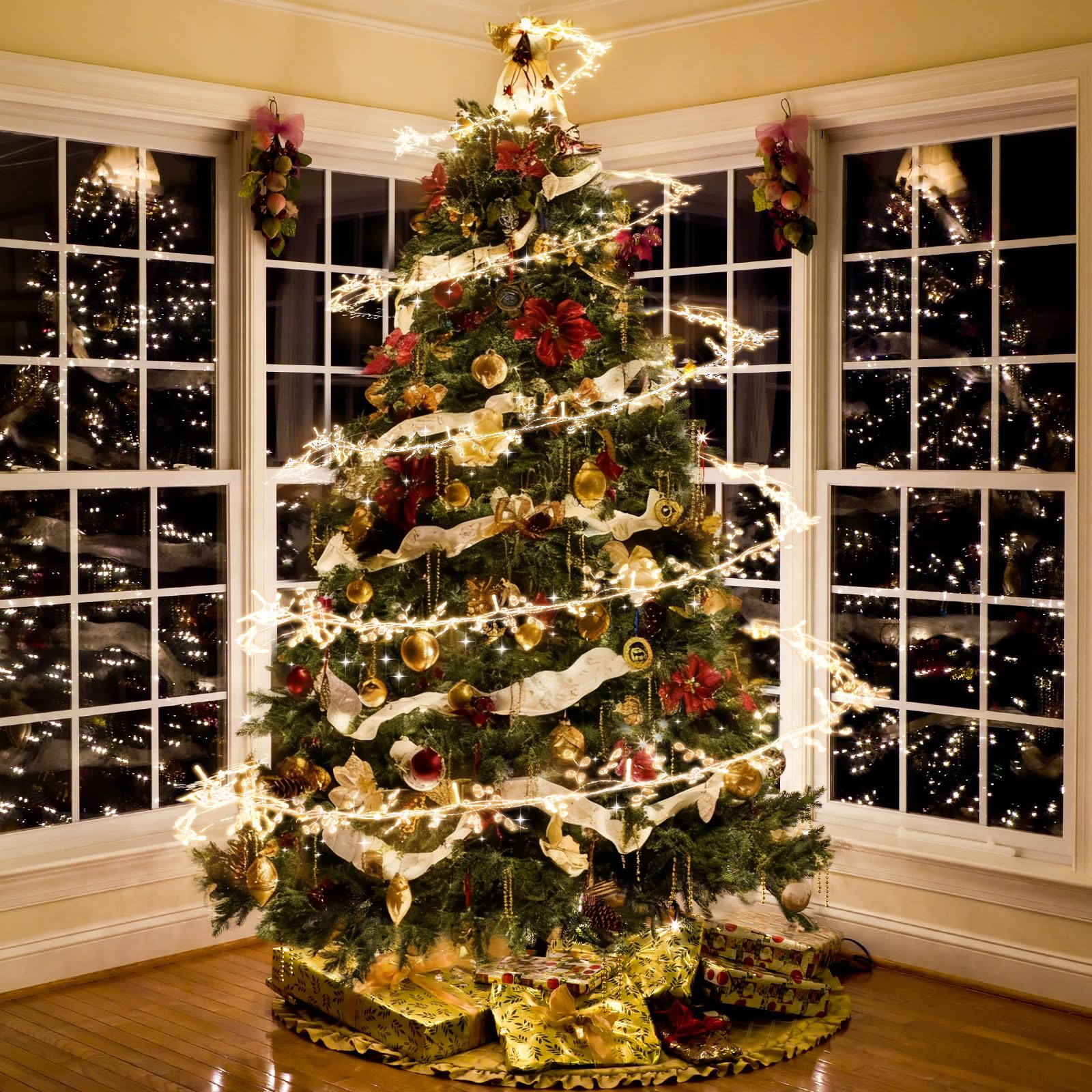 Tuanse Guirlande Lumineuse pour Sapin de Noël de 10 m avec 100 lumières LED à Piles à Suspendre avec Fil métallique Pliable pour Sapin de Noël, Couronne de Mariage, décoration de fête de Mariage