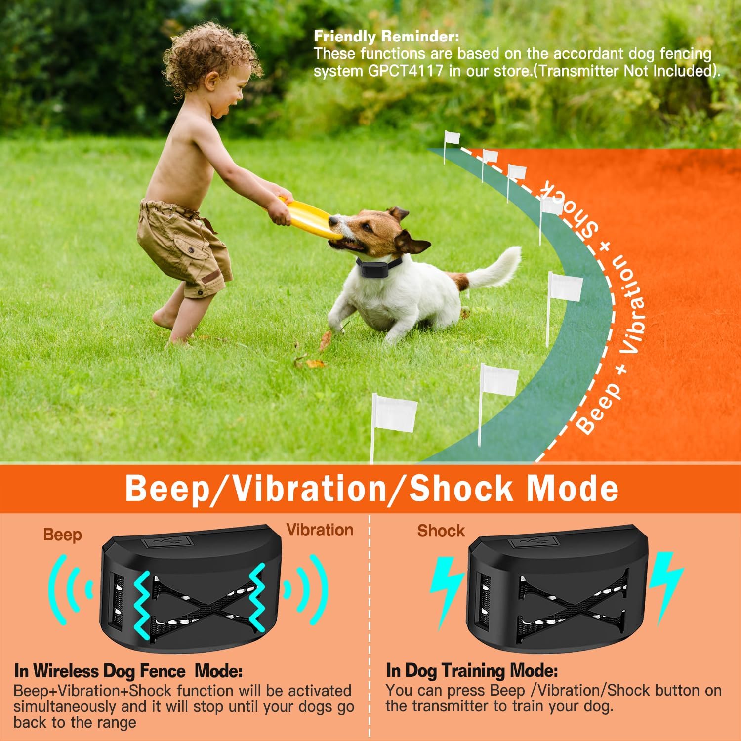 Diagram showing beep, vibration, and shock modes in wireless fence and training modes