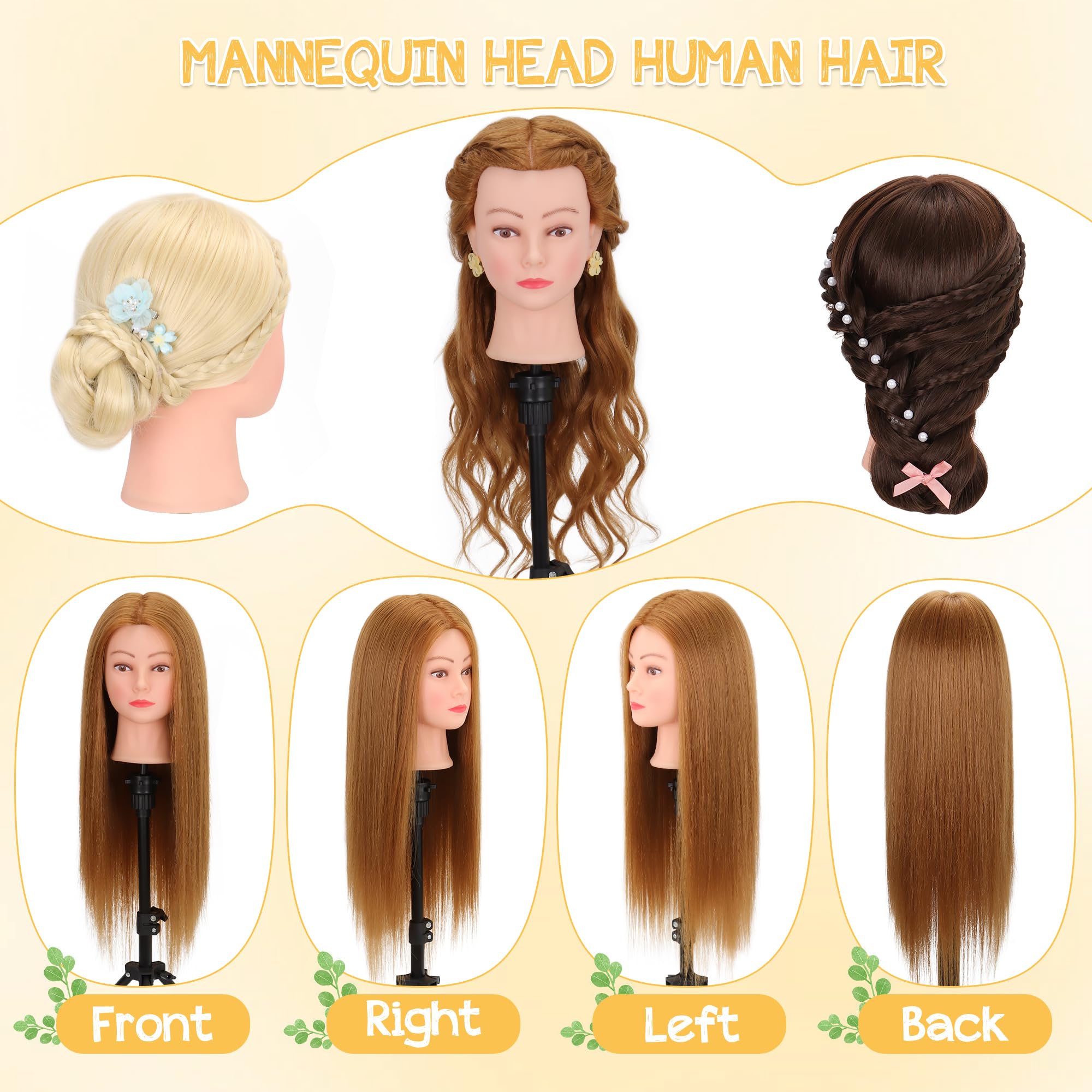 Cabeza de maniquí con 80% cabello humano de 26 a 28 pulgadas, cabeza de práctica de maniquí de cosmetología con cabello humano, cabeza de muñeca para trenzar peinado, corte con abrazadera y 4